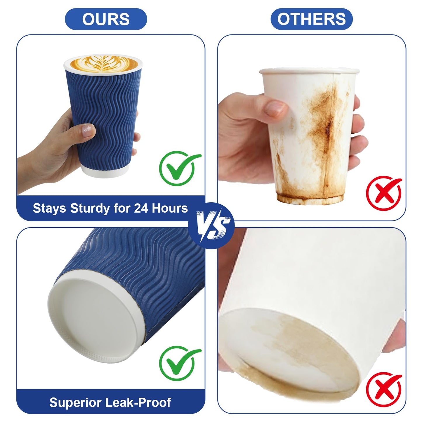 Coffee Cups, RAZCC 100 Pack 16 oz Disposable Insulated Paper Cups, Corrugated Kraft Ripple Wall Cup Suitable for Hot and Cold Drinks
