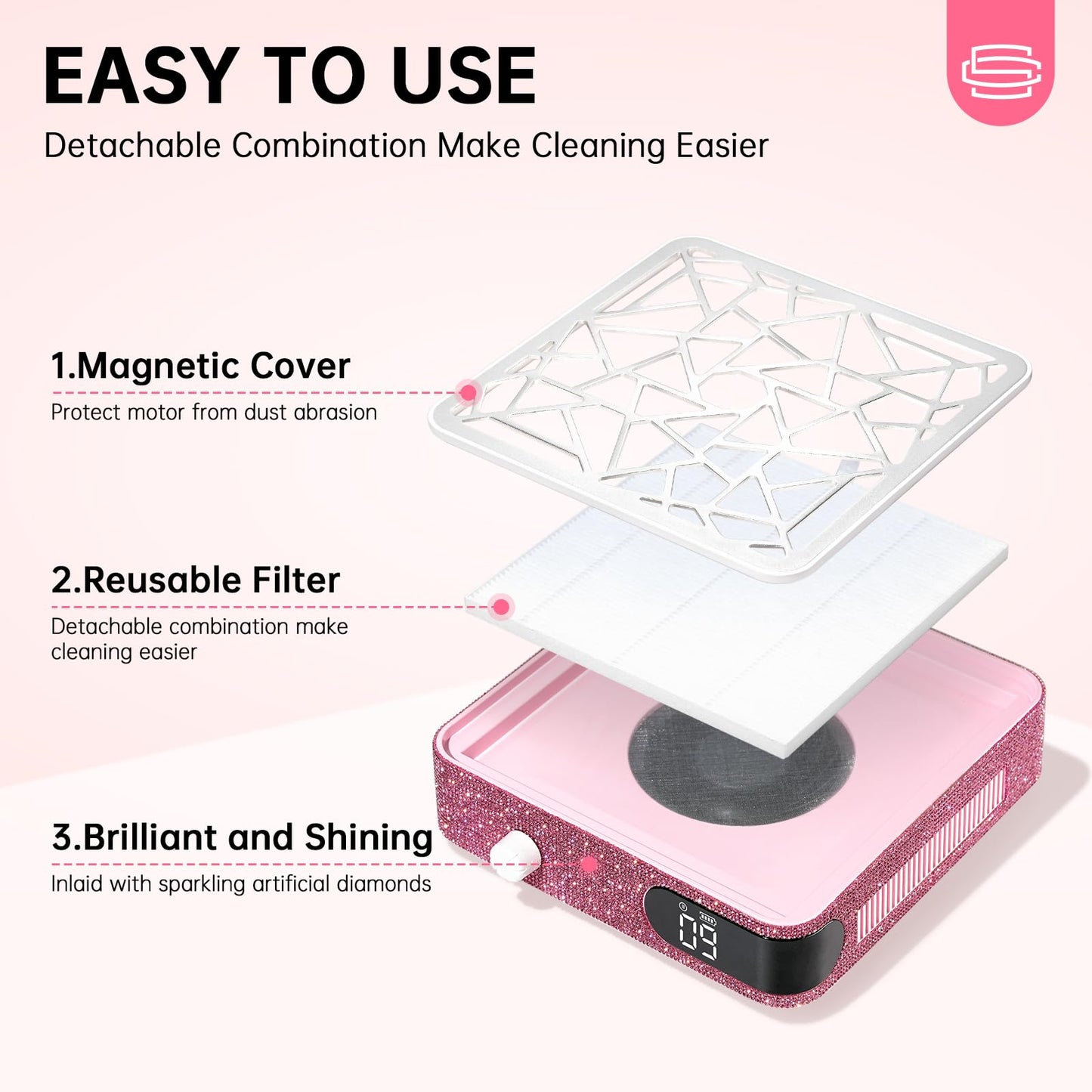 CHRISTINE SHELLY Nail Dust Collector, Powerful Vacuum Fan Vent Dust Collector Extractor Dust Suction Machine for Acrylic Nails Polishing, Nail Salon, Pink Diamond