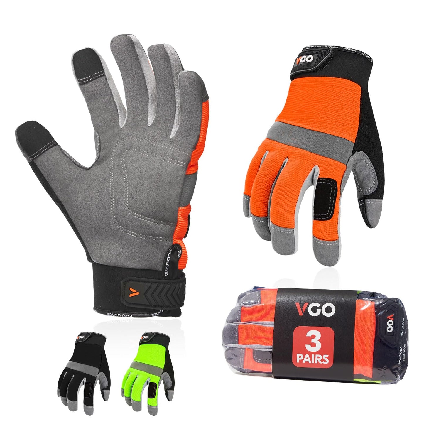 Vgo 3Pairs Safety Work Gloves,Builder Gloves,Gardening Gloves,Light Duty Mechanic Gloves(XL,Black+Fluorescence Green+Orange,SL7584)