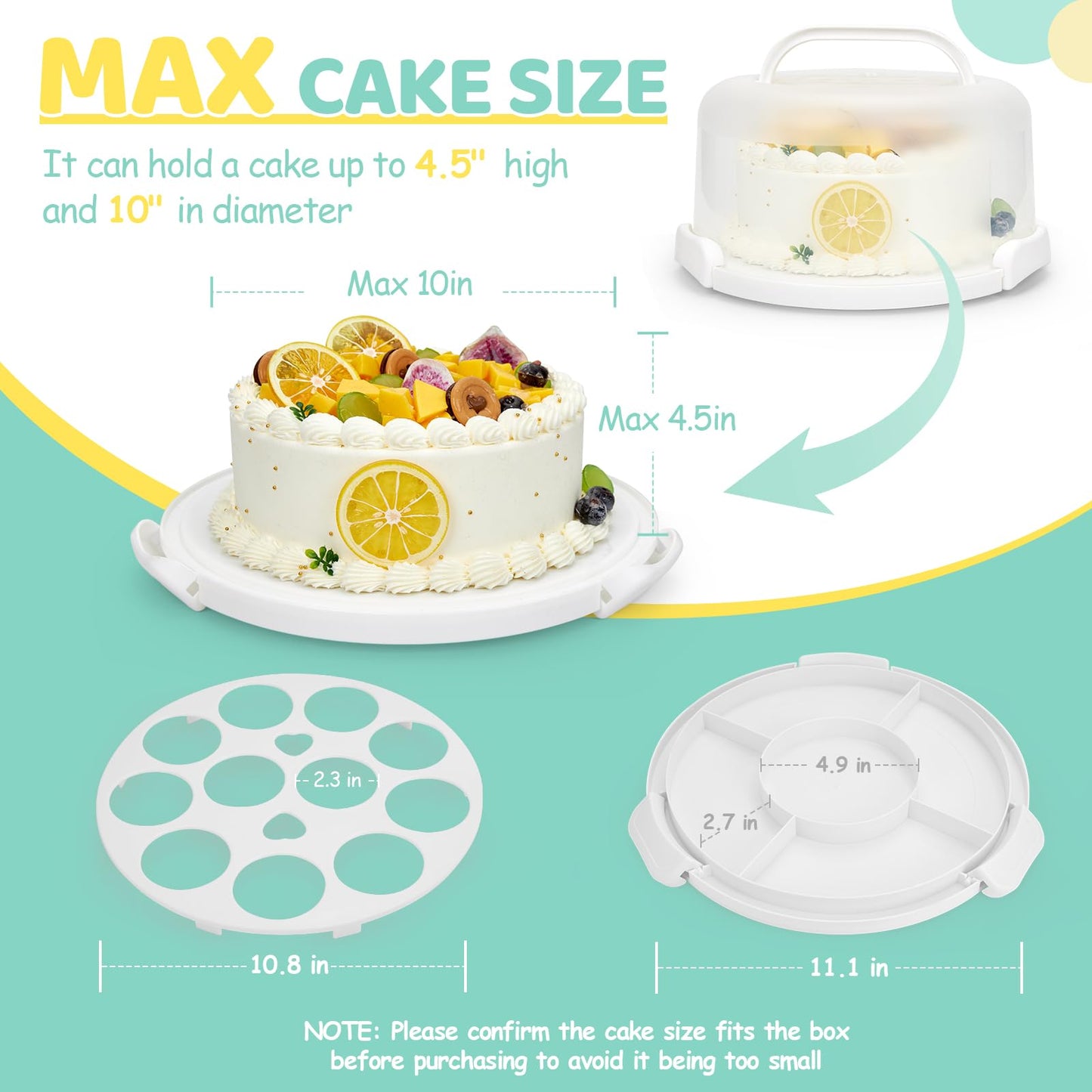Ohuhu Cake Carrier with Handle, Portable Round Cake Box for 10 Inch Cake, Cake Storage Container with Cover Two Sided Base for Pies Nuts Fruit, Safe Storage & Transport, Great Gift Choice