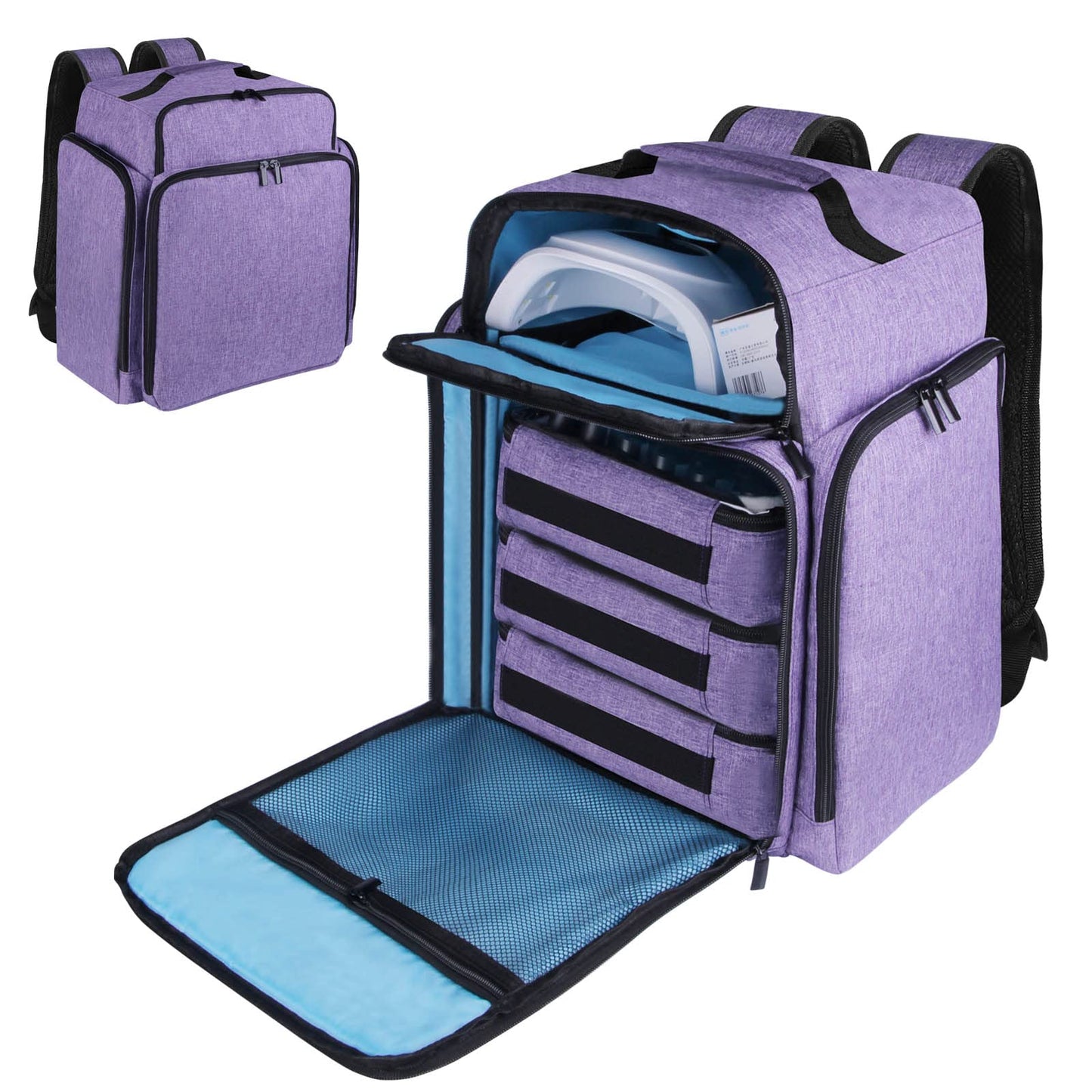 Famard Nail Polish Organizer Backpack Holds 108 Bottles(15ml - 0.5 fl.oz) and a Nail Lamp, with 3 Removable Storage bag for Nail Tech(Purple)