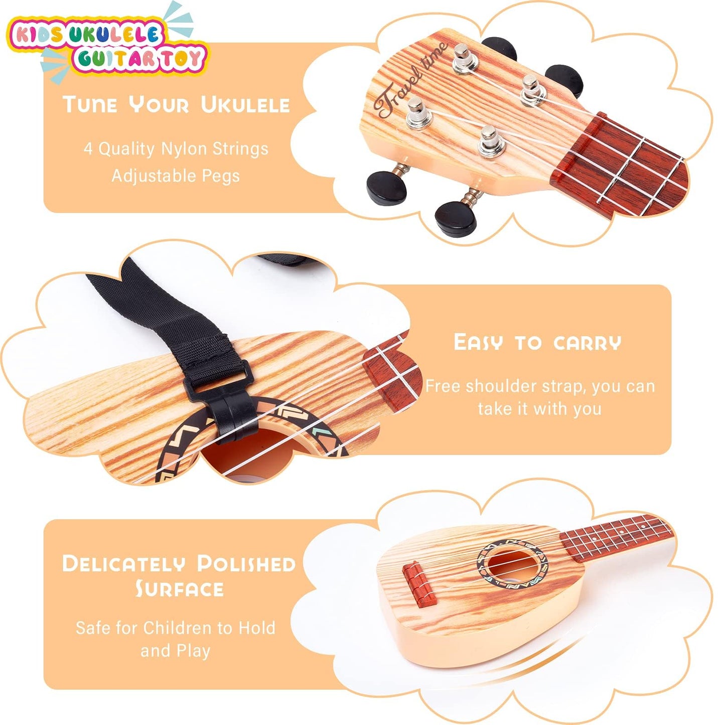 17 Inch Mini Guitar Ukulele Toy for Kids,Plastic Sear World Cartoon Children Educational Learn Guitar Ukulele with The Picks and Strap Can Play Musical Instruments Toys (Sprucewood)