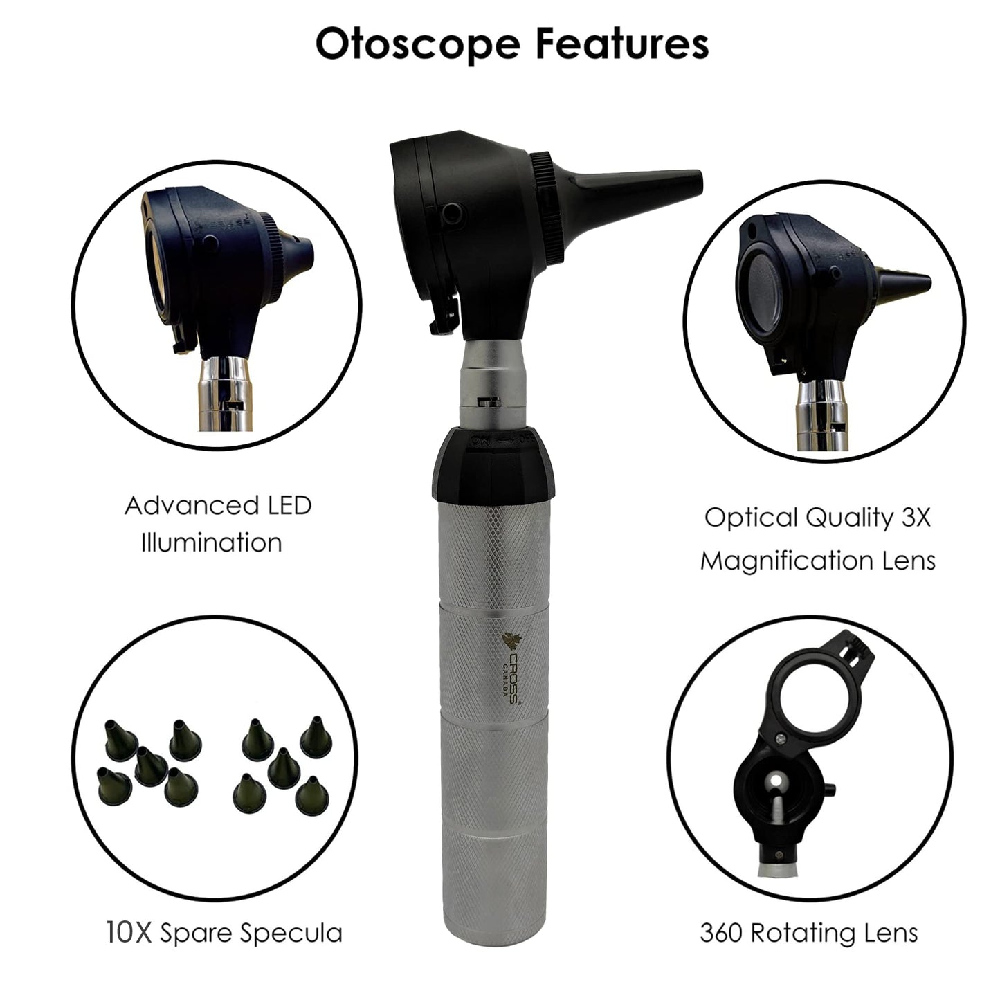 Cross Canada Physician LED Otoscope Diagnostic Set – Professional Otoscope for Physician, Medical Student, Nursing Student, Doctor, Nurse (Chrome)