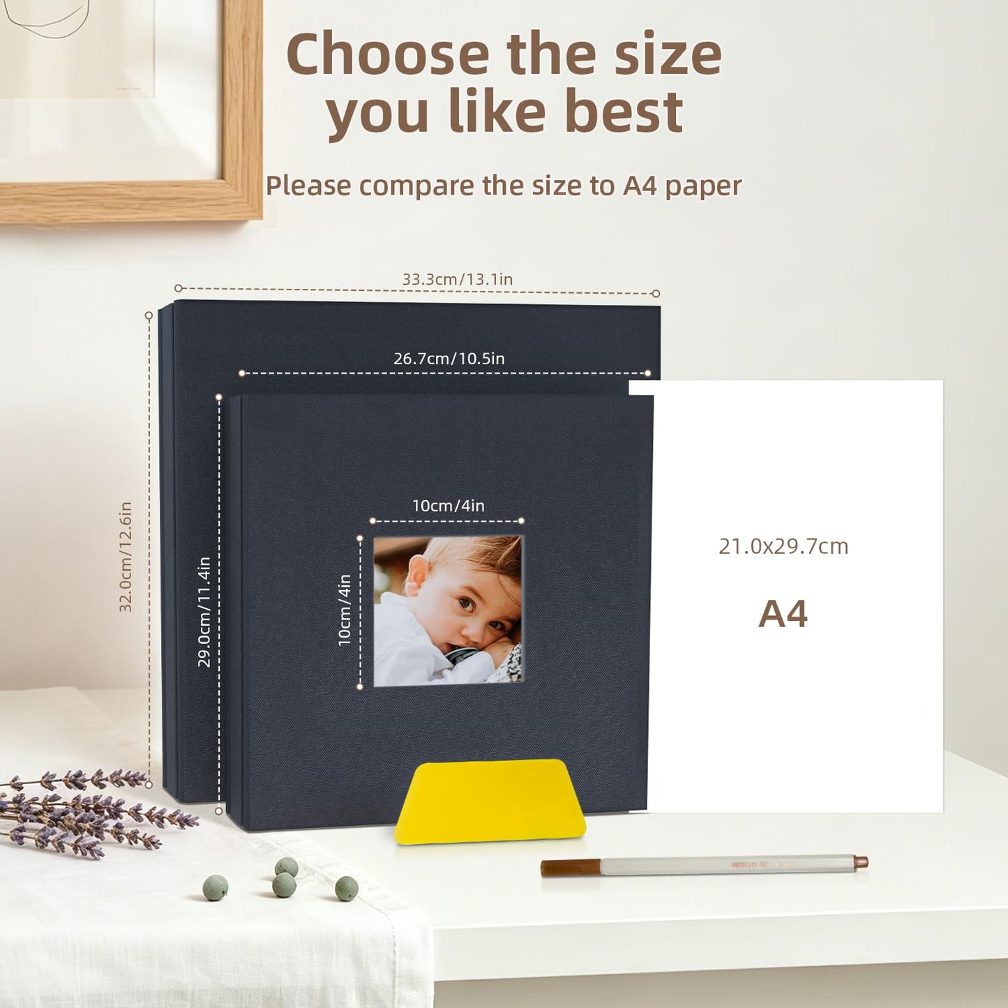 popotop Self Adhesive Photo Album with Display Window, 60 Pages Scrapbook Album for 4x6 8x10 Picture, Black Linen Memory Book for Wedding Baby Travel, with Scraper and Metallic Pen