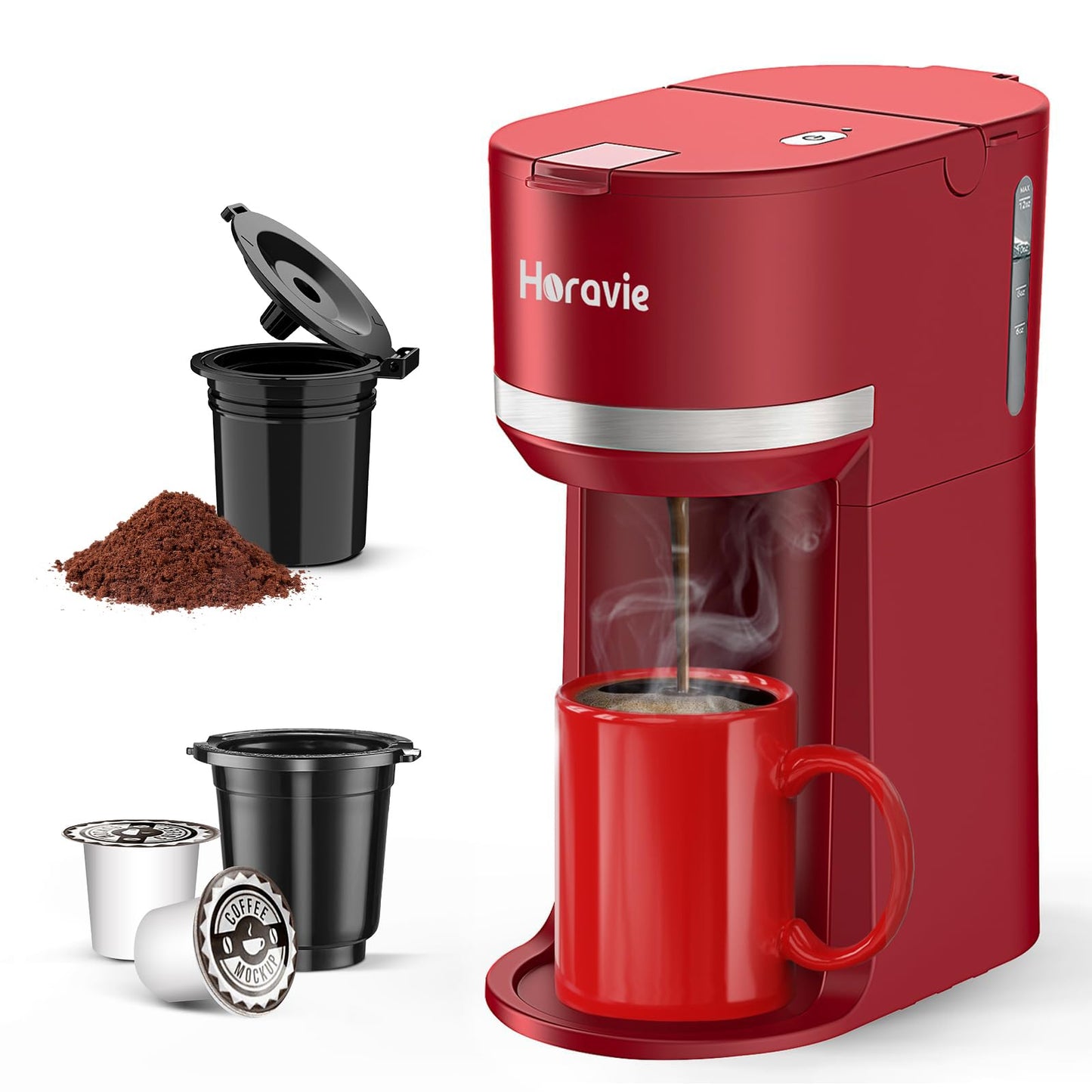 Single Serve Coffee Maker Machine for K-Cup and Ground Coffee, 6 to 12 oz. Brew Sizes, Fast Brew Single Cup Coffee Machine with Descaling Reminder and Water Window, Perfect for Small Spaces, Red