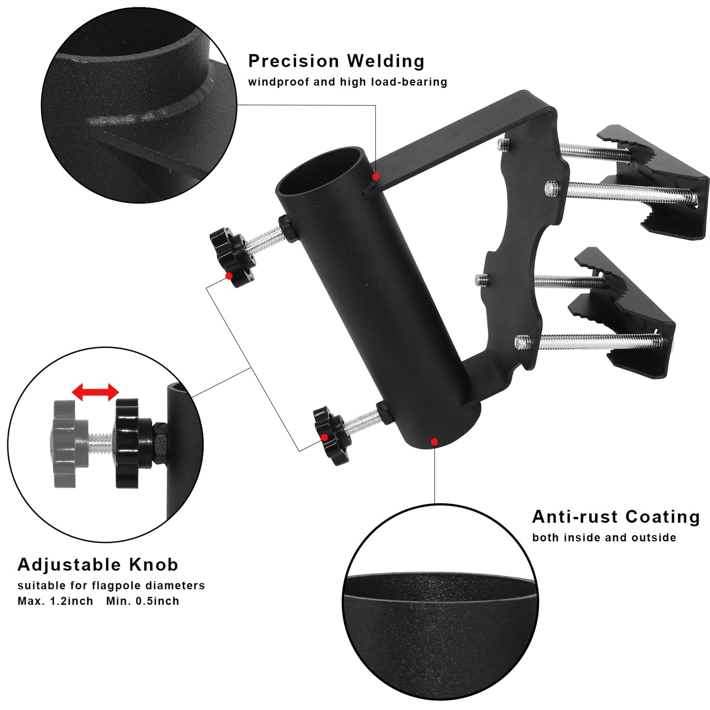 Flag Pole Holder Wall Mount Bracket Multifunctional Adjustable Flag Pole Holder Bracket,Heavy Duty Metal Flagpole Mount for House Balcony Railing Truck Deck 1.2" Inner Diameter Flag Pole Holder Clamp