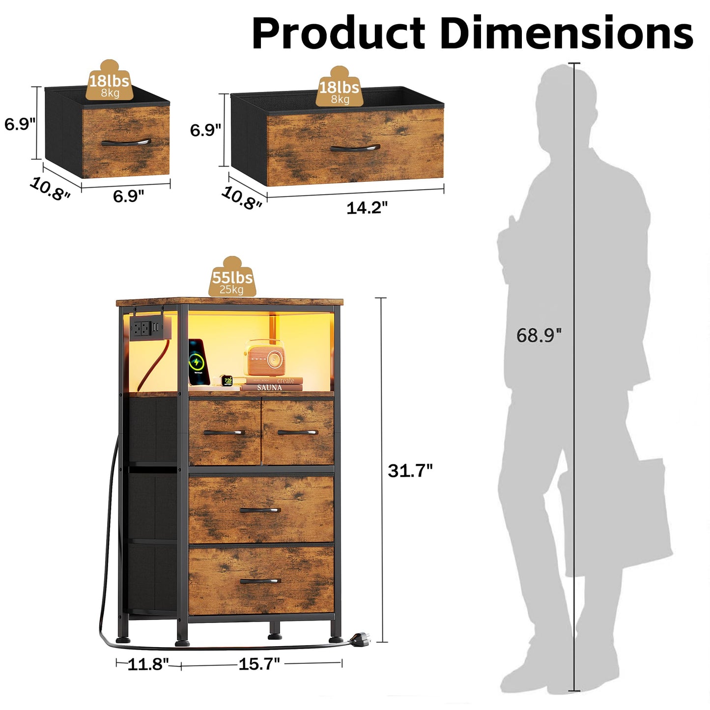 Flrrtenv Dresser for Bedroom, Night Stand with Charging Station, LED Nightstand with 4 Drawers, Tall Commode de Chambre for Bedroom, Bedside Table with Storage Shelf for Living Room, Rustic Brown