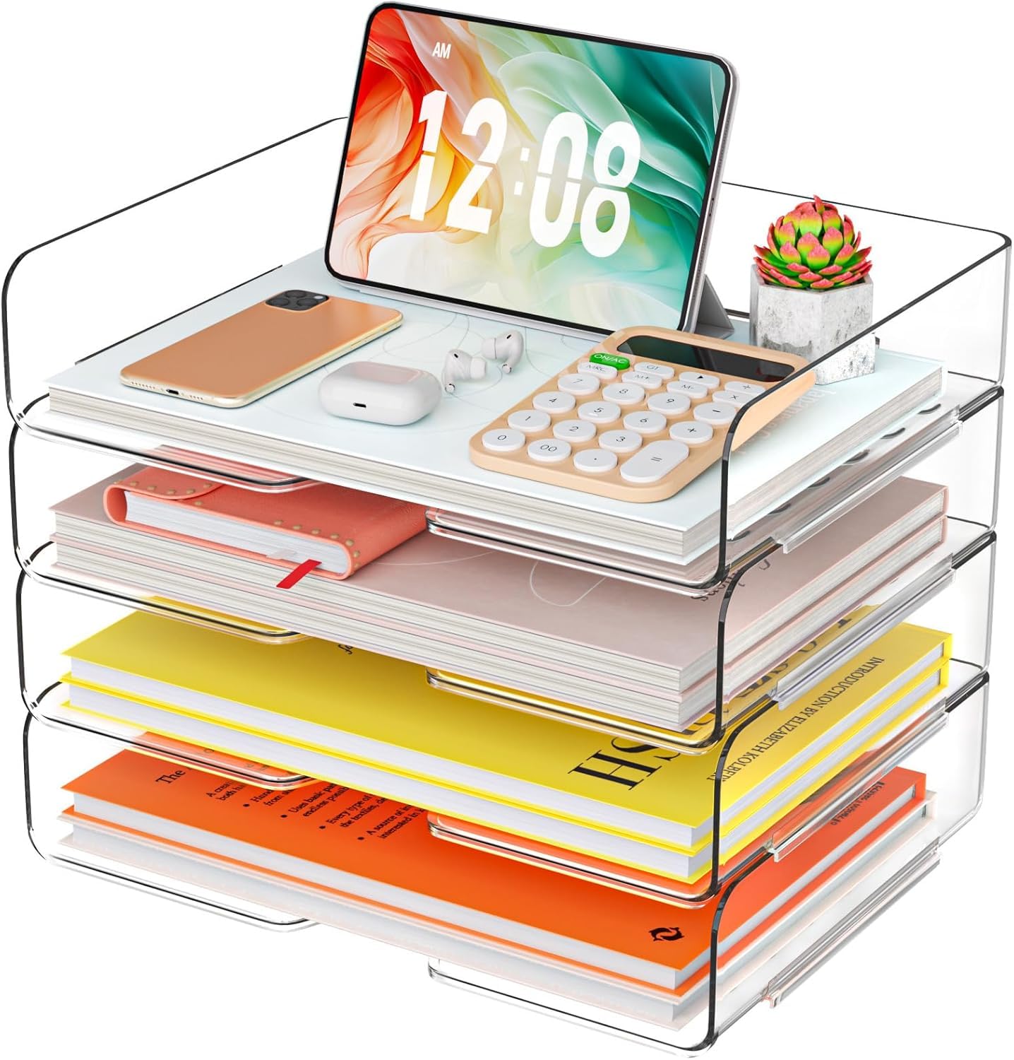 4 Trays Paper Organizer Letter Tray - Acrylic Desk File Organizer, Stackable Clear Paper Holder Sorter Office Organizer for Letter/A4, Office File Ipad Books Notes Etc (Clear Tray, 4 Pack)