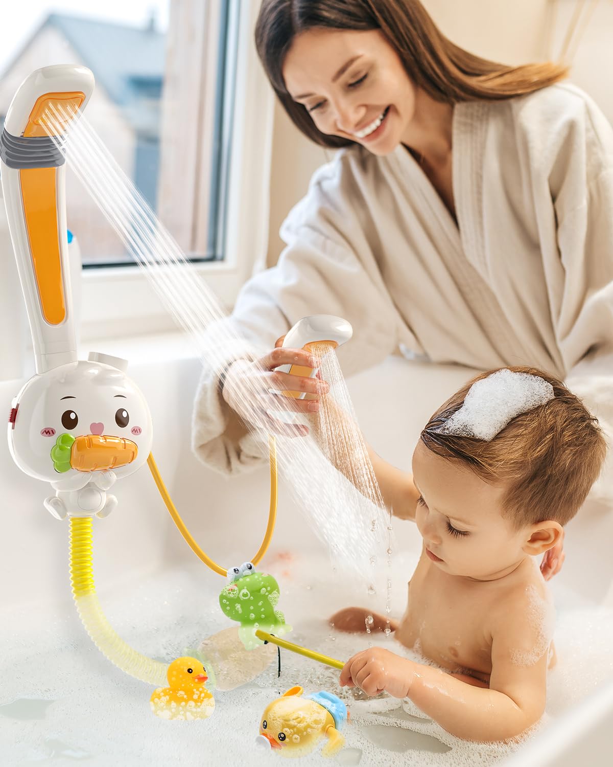 CUTE STONE Baby Rabbit Bath Toys W/ 2 Shower Heads, Electric Bathtub Water Spray Toy W/ Rechargeable Battery, Floating Squirting Animals, Wind Up Swim Duck, Fishing Games Pool Toys for Kids Boys Girls