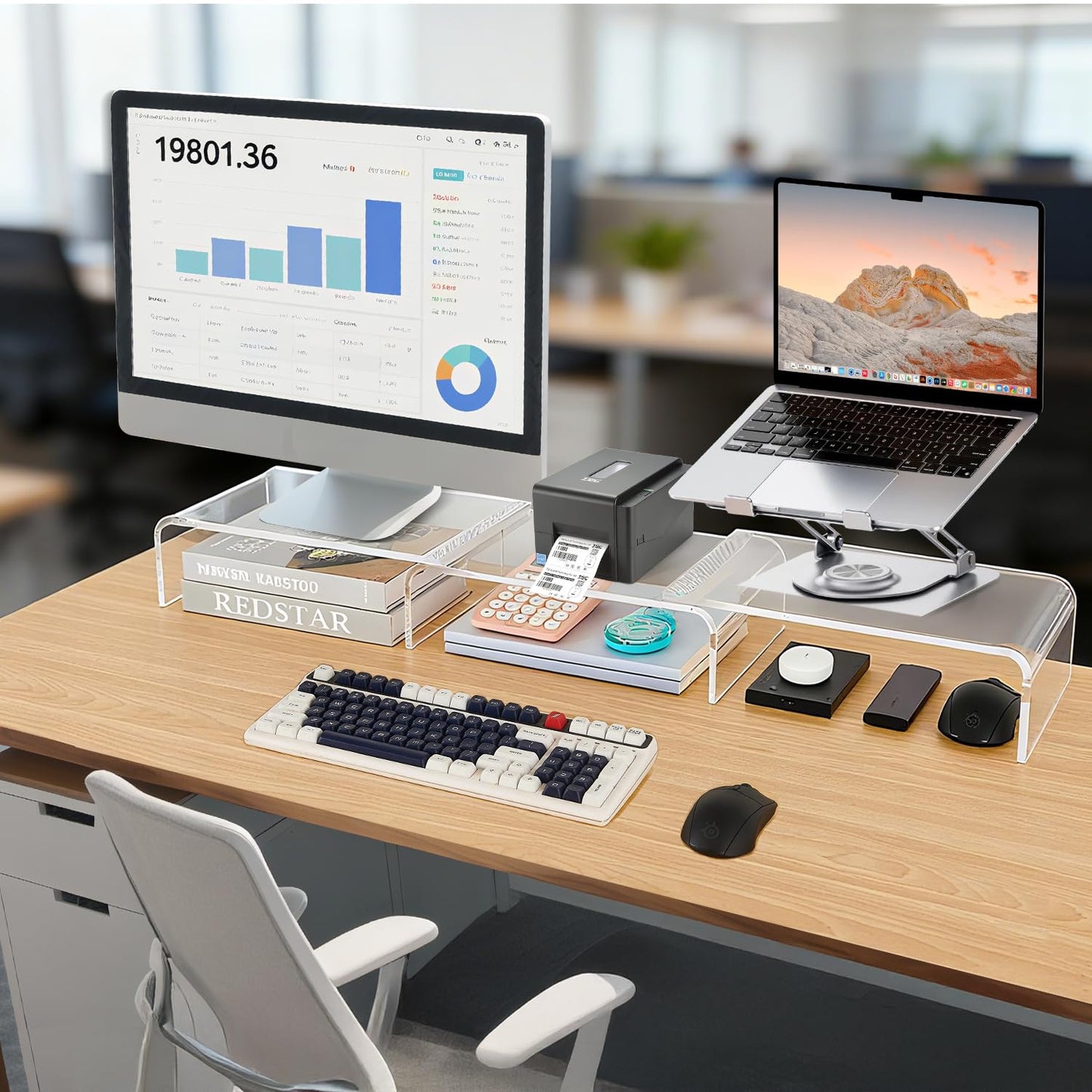 LEKETREE Acrylic Dual Monitor Stand Riser, 3 Shelf Monitor Stand, Adjustable Length and Angle with Anti-Slip Mat for Laptop, Computer, Printer, Projector, CD Player, Coffee Machine