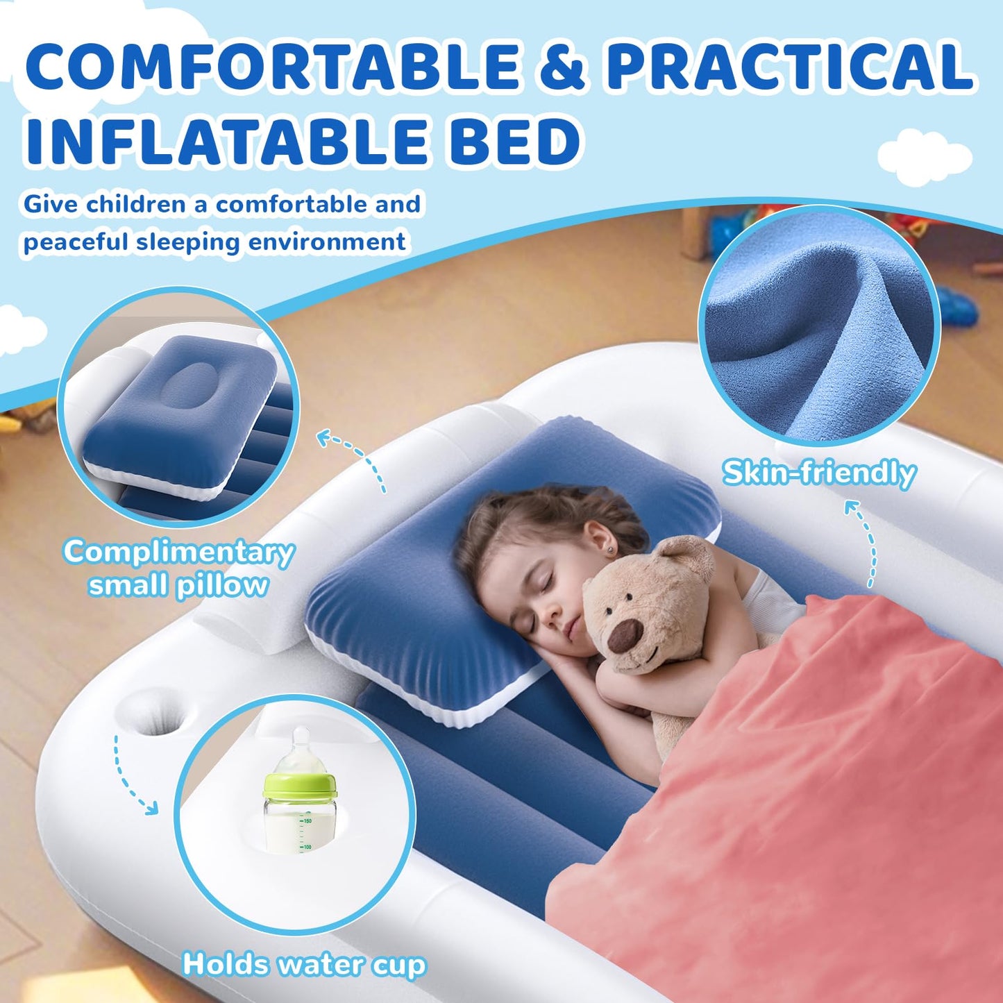 Deeteck Inflatable Toddler Travel Bed - 60 Inches Portable Toddler Bed for Travel with Safety Sides - Cozy Kids Air Mattress Set with High-Speed Pump & Carry Case - Lightweight & Easy to Inflate -Blue