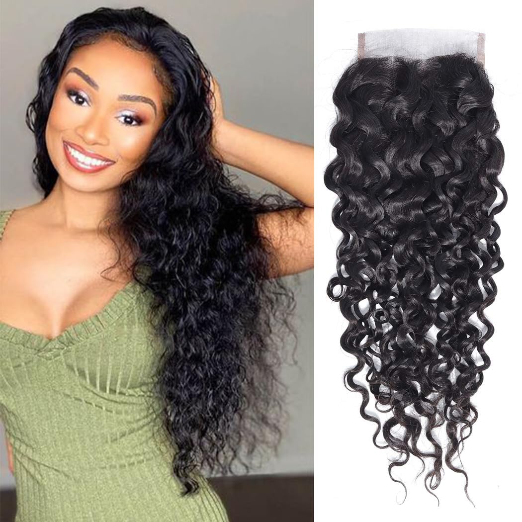 Brazilian Virgin Human Hair Water Wave 4x4 Lace Closure Free Part 14 Inch 100% Unprocessed Virgin Wet And Wavy Human Hair Transparent Lace Closure Natural Black Color