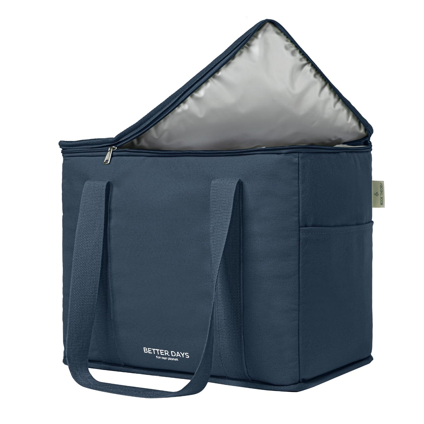 Nook Theory Insulated Grocery Bags, X-Large Reusable Grocery Bag with Zipper, Leak Proof Cooler Bag for Frozen and Hot Food, Perfect for Picnic and Travel (Deep Blue)