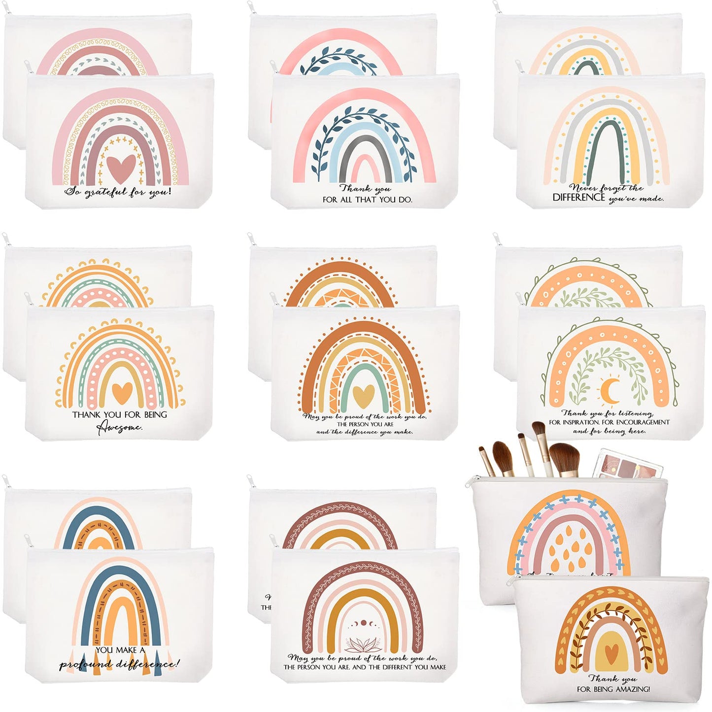 Sieral 20 Pcs Makeup Bags Bulk Custodian Appreciation Gifts Inspirational Cosmetic Bag Pouch with Zipper for Women Employee Thank You Gifts for Nurse Vet Tech Week(Rainbow)