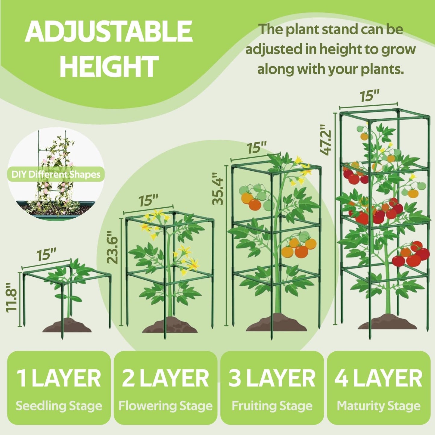 Glazeal 3 Pack Tomato Cages with 17 Gallon Grow Bag - 120cm Square Plant Support Trellis Tomato Planter Pots Kit - Garden Stakes for Vertical Climbing Plants Vegetable Flower Fruit Outdoor Indoor