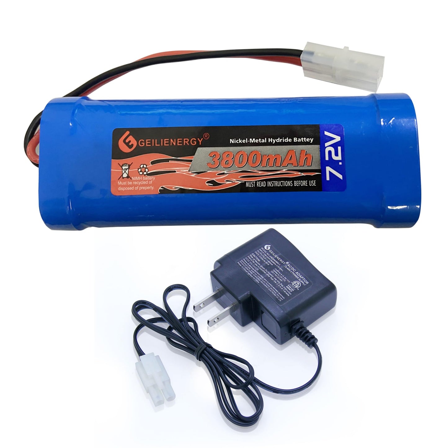 GEILIENERGY 7.2V RC Battery Pack(1 Pack) 3800mAh High Capacity 6-Cell NiMH Flat Battery Pack w/Standard Tamiya Connector+7.2V Smart Charger(1 PCS)