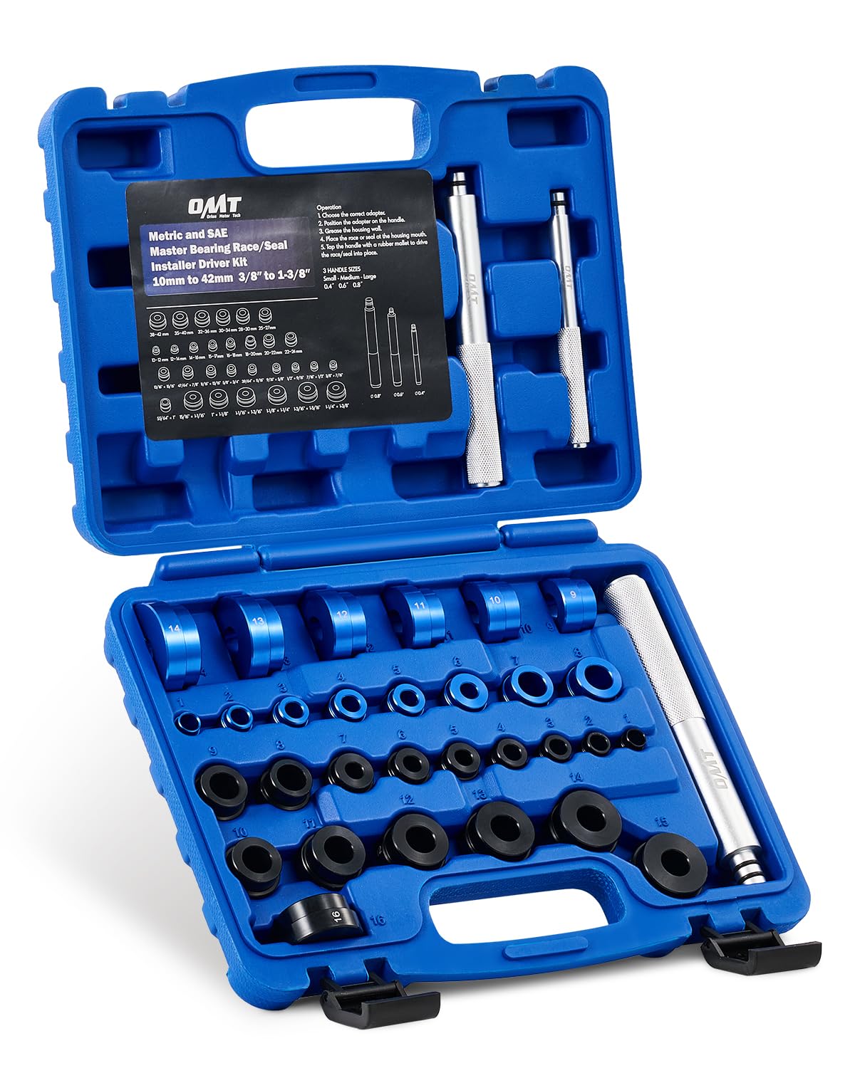 Orion Motor Tech 33pc Bearing Race & Seal Driver Set, 3 Knurled Handles, 30 Dual-Sided SAE & Metric Adapters, Blue Aluminum Alloy, Grease Compatible, Wheel Bearing Installation Kit