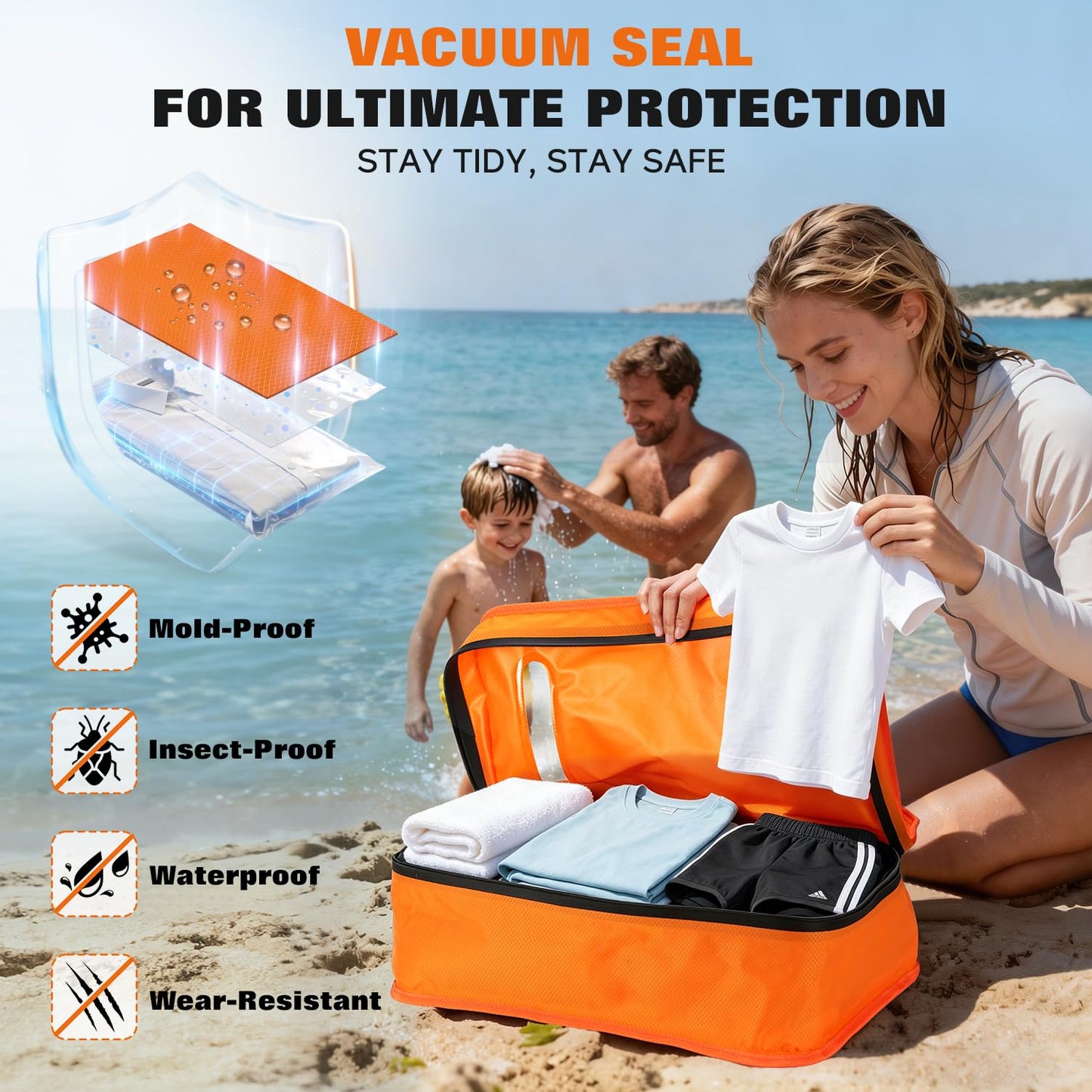 Vacuum Bags for Travel with Wired Pump, Travel Compression Bags for Clothes, 180° Open Zipper, Save 80% Space, IP68 Waterproof Space Saver Bags for Suitcase Backpack Home Storage (2 Pack + Pump)