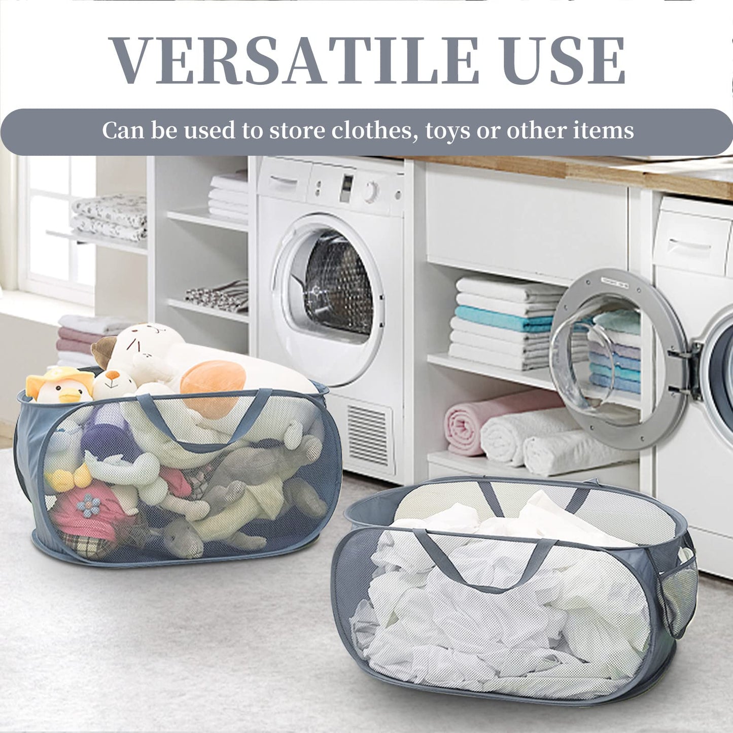 LELE LIFE Reinforced Collapsible Laundry Baskets, 3Pcs High-Strength Mesh Pop Up Laundry Hamper, Foldable Clothes Hamper with Handles and Side Pocket for Laundry Room Dorm, Horizontal