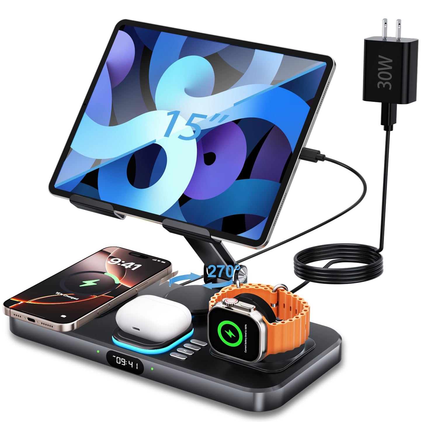6 in 1 Wireless Charger Compatible for Apple Devices, iPad Charging Station with Digital Time & Night Light for iPhone 17/16/15/14/iWatch/Air-pods/iPad/Tablet Stand Holder