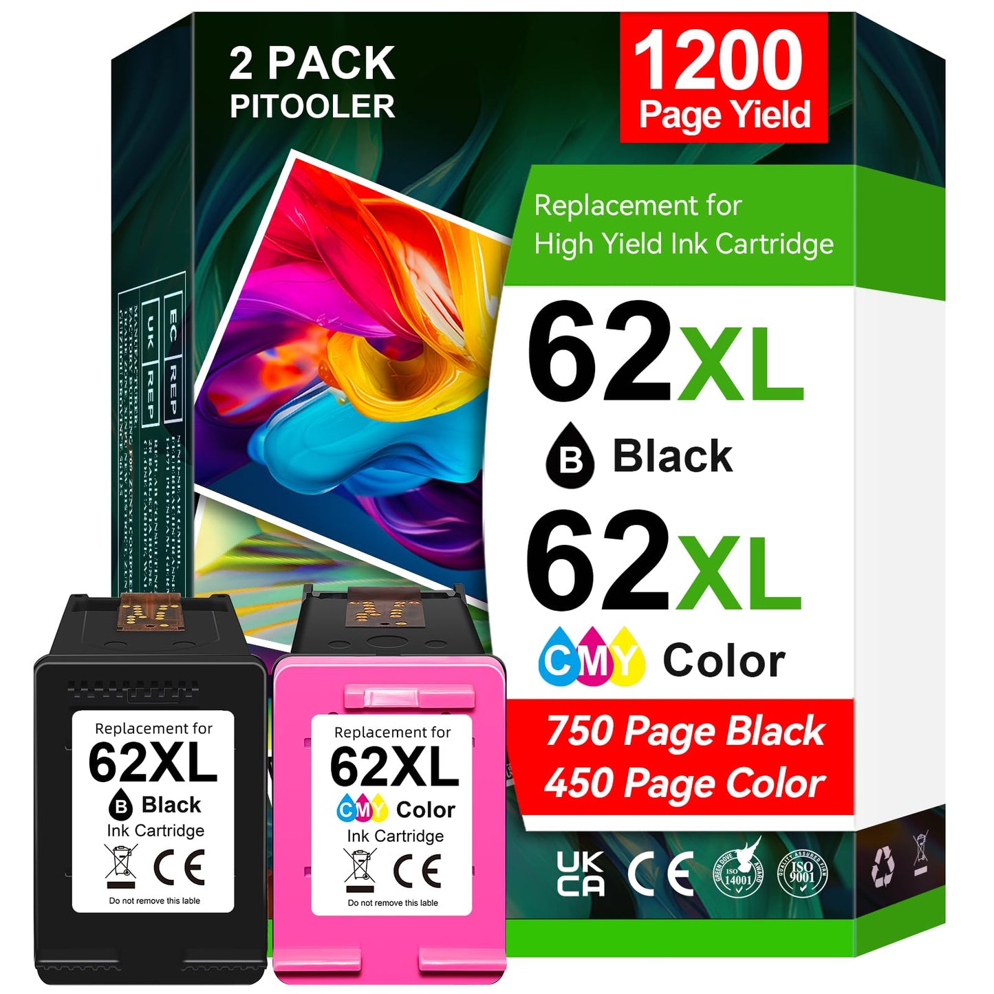 High Yield 62XL Ink Cartridges Black Tri-Colour Compatible for HP 62 Ink Cartridge Works with HP Envy 5540 5640 5660 7644 OfficeJet 5740 5741 8040 Printer, 750 Pages Black, 450 Pages Color