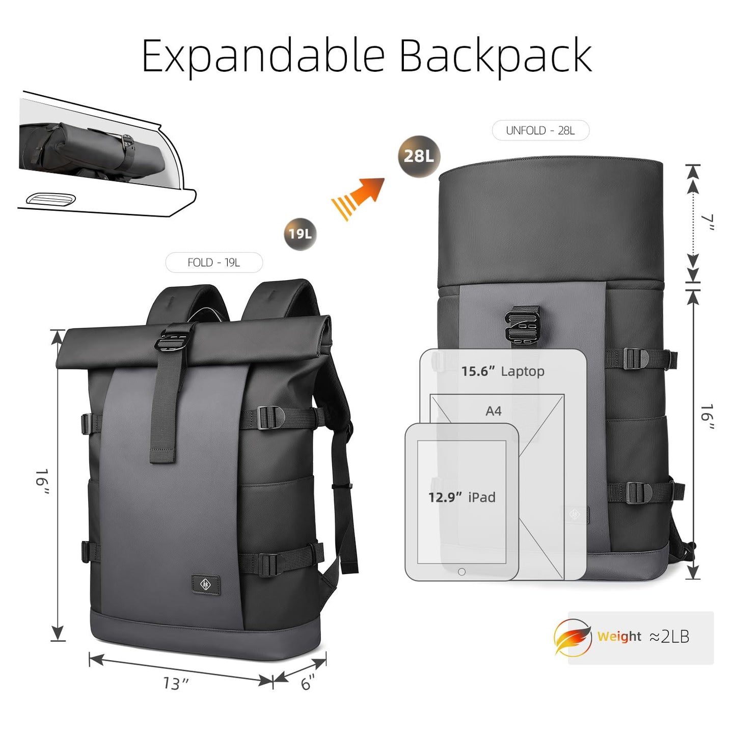 Rolltop Laptop Backpack for Men Women,15.6 Inch Expandable Water-Resistant Anti-Theft Backpack, Business Large Capacity Computer Bag for Casual Commute Work Daily College Travel-Grey