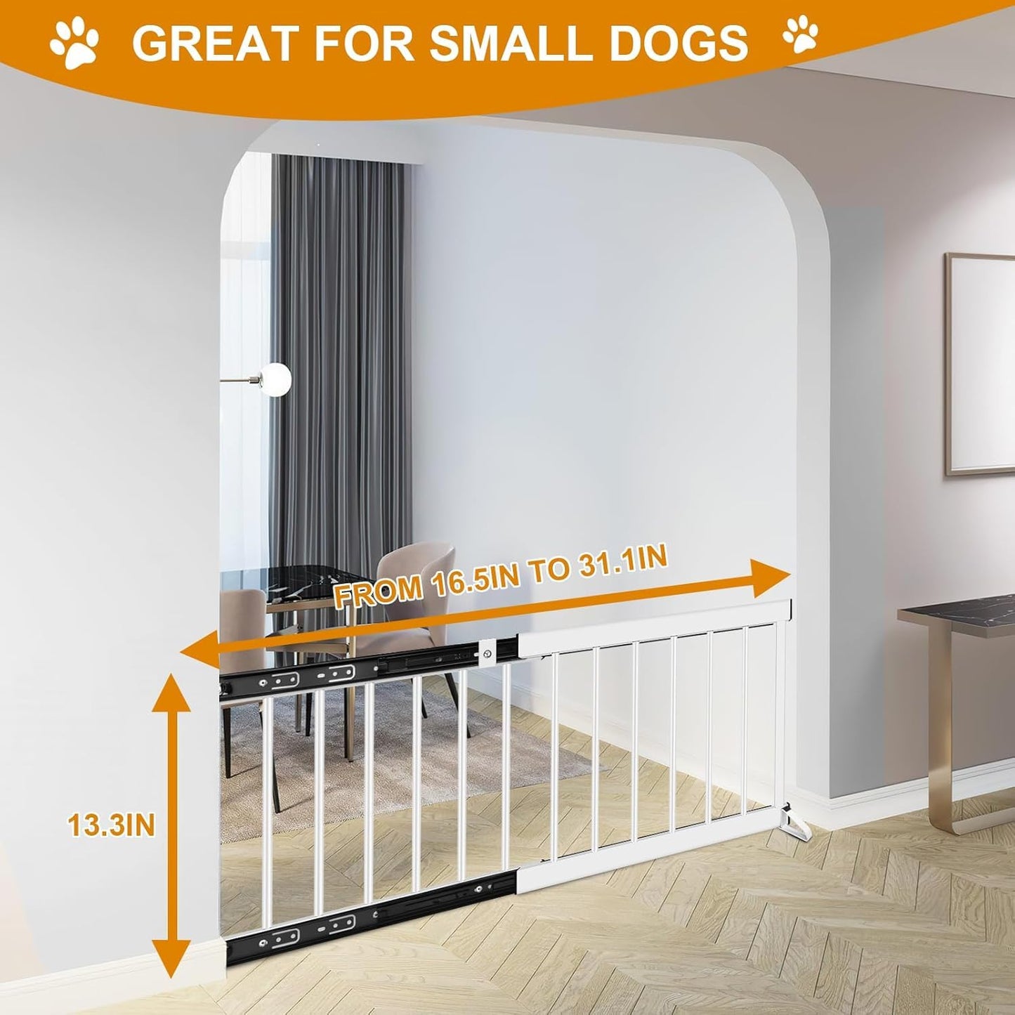 White Metal Dog Gate for Small Dogs - 13.3" Short Freestanding Puppy Gate with Retractable Sliding Rail, No Installation, Indoor/Outdoor Use, Foldable & Portable Pet Barrier