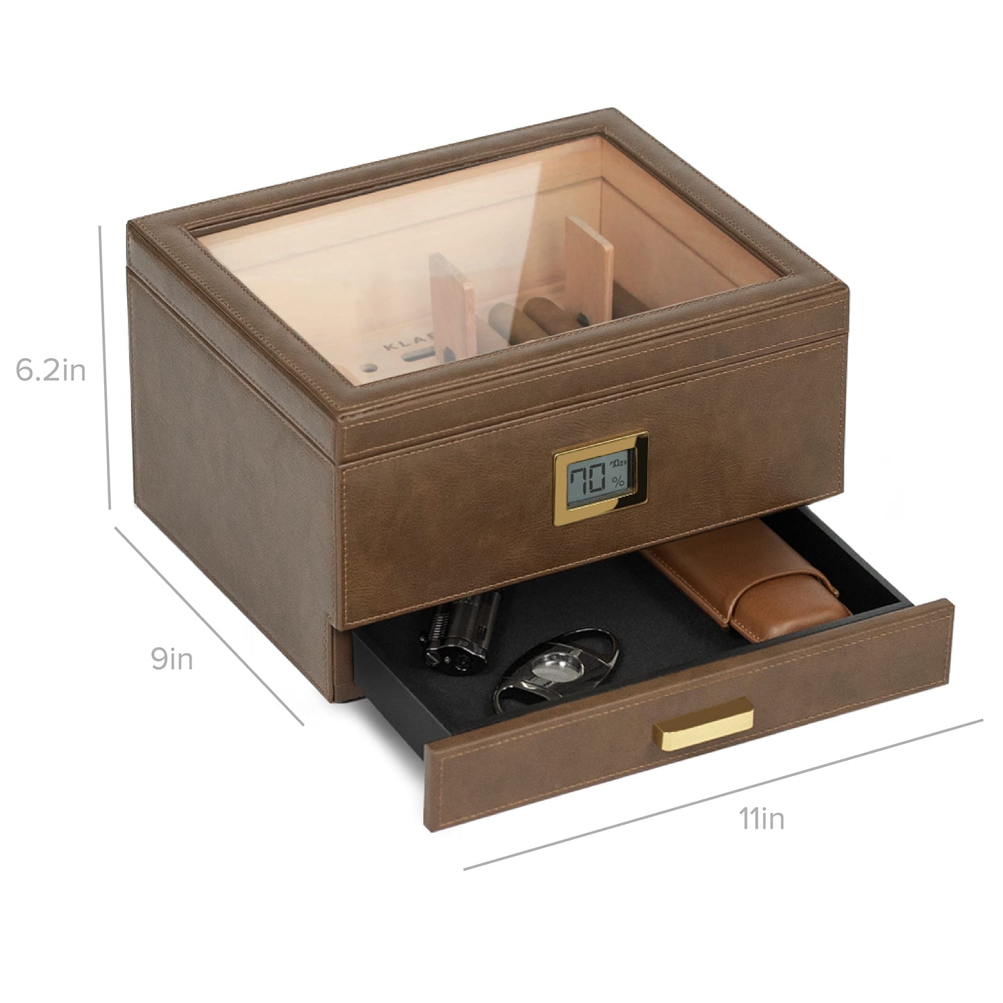 Belmont Glass Top Humidor Premium Vegan Leather, Front Digital Hygrometer, Spanish Cedar, Humidor Solution, Hydro System, and Accessory Drawer - Holds (30-60 Cigars) by CASE ELEGANCE
