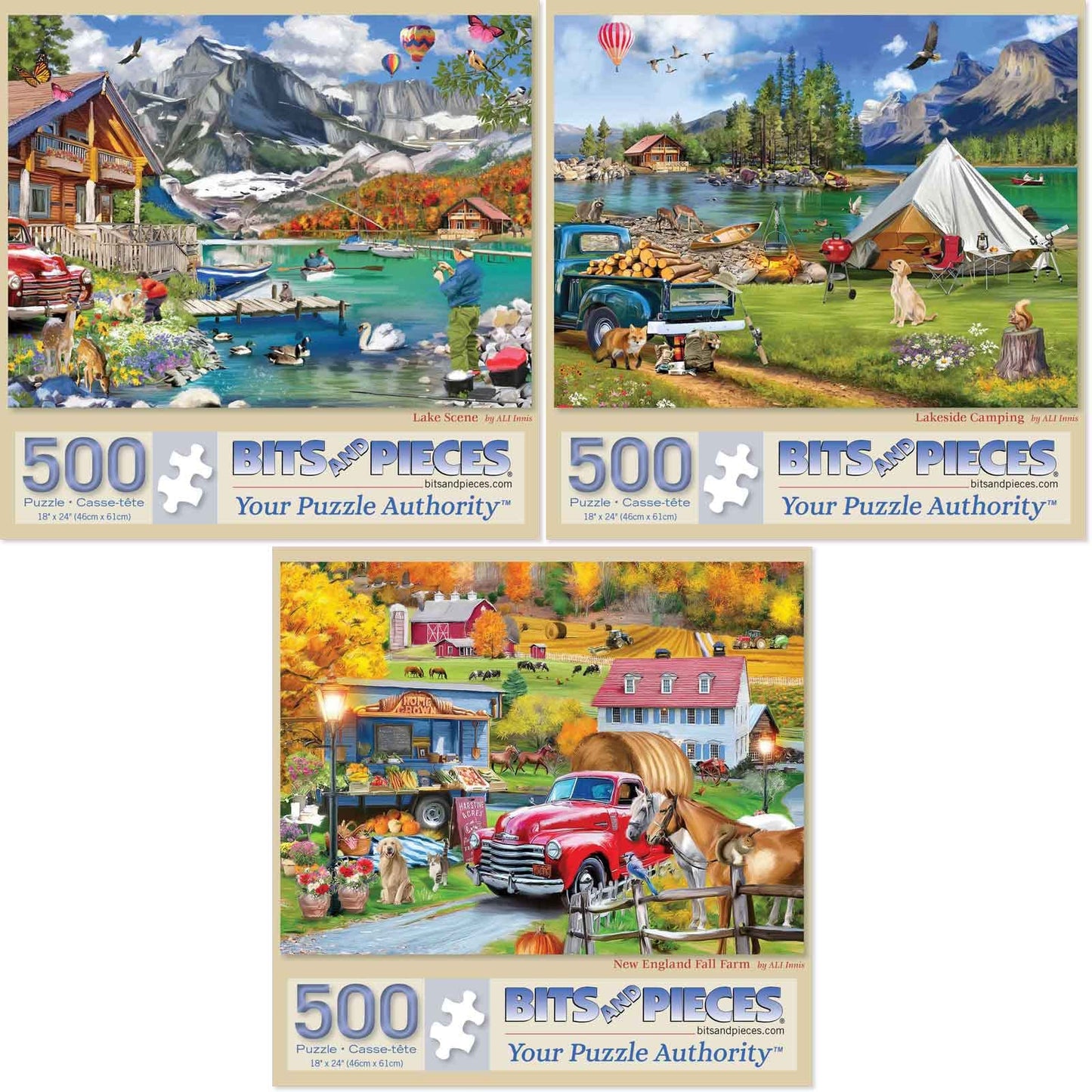 Bits and Pieces – Value Set of Three Large 500 Piece Jigsaw Puzzles for Adults – Lake & New England Farm Themed Jigsaw Puzzles by Ali Innis, Completed Puzzle Size: 18" x 24"