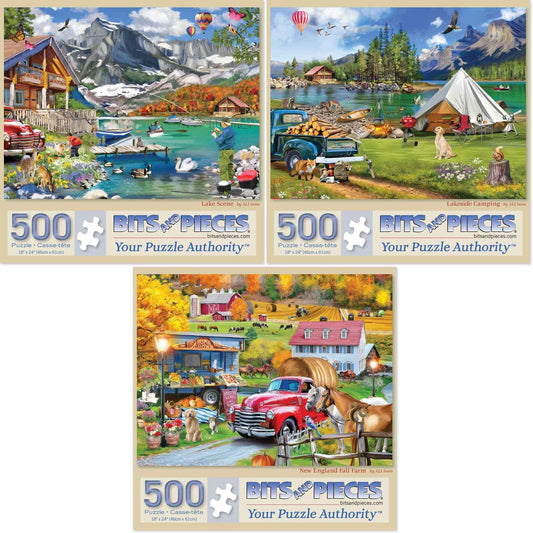 Bits and Pieces – Value Set of Three Large 500 Piece Jigsaw Puzzles for Adults – Lake & New England Farm Themed Jigsaw Puzzles by Ali Innis, Completed Puzzle Size: 18" x 24"