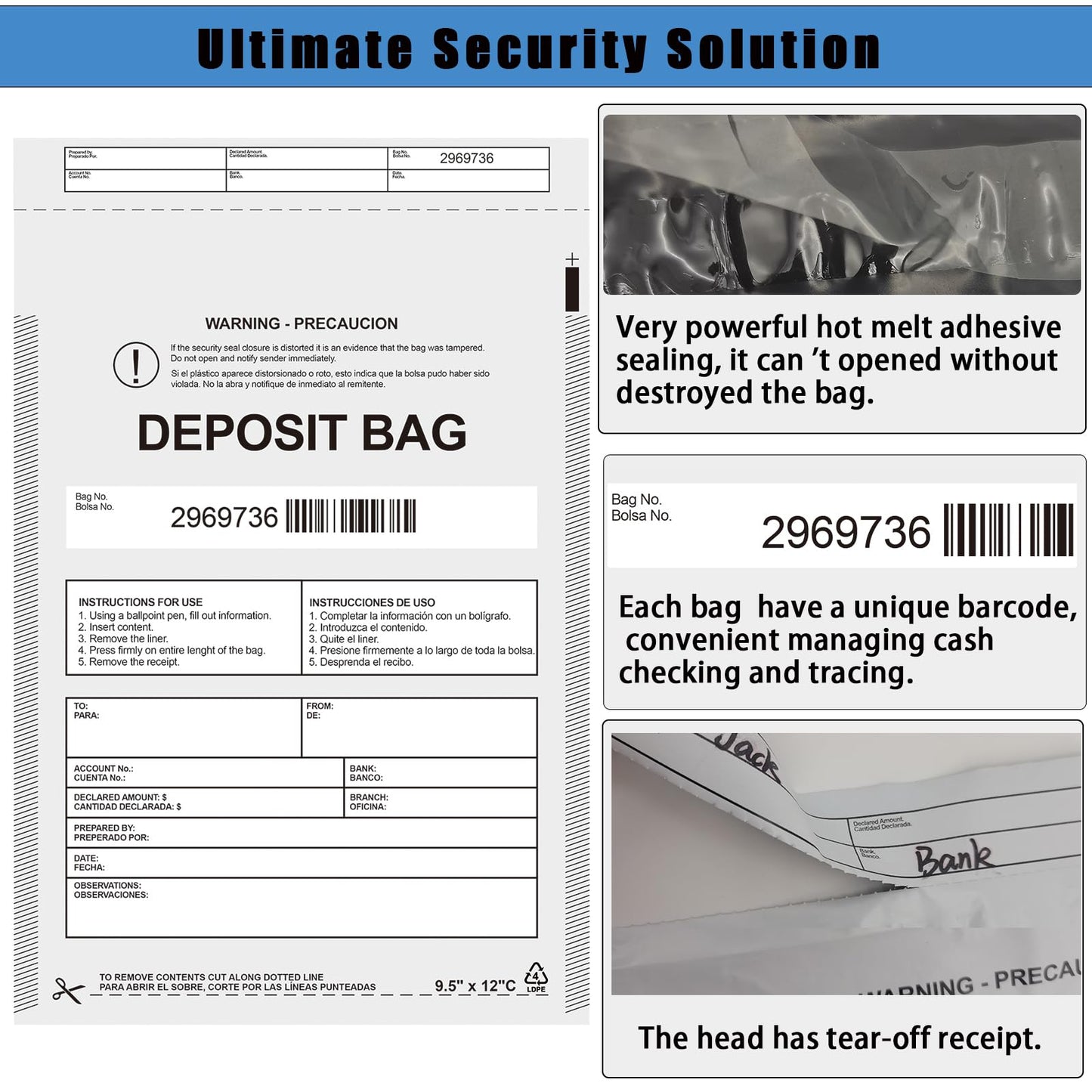 Plastic Deposit Bags 200 Pack Opaque 9.5''x 15'', Opaque Security Bank Deposits Bag,Cash register bags,Money bag for Cash,Bank Pocket,Tamper-Evident Bags,Unique Barcode