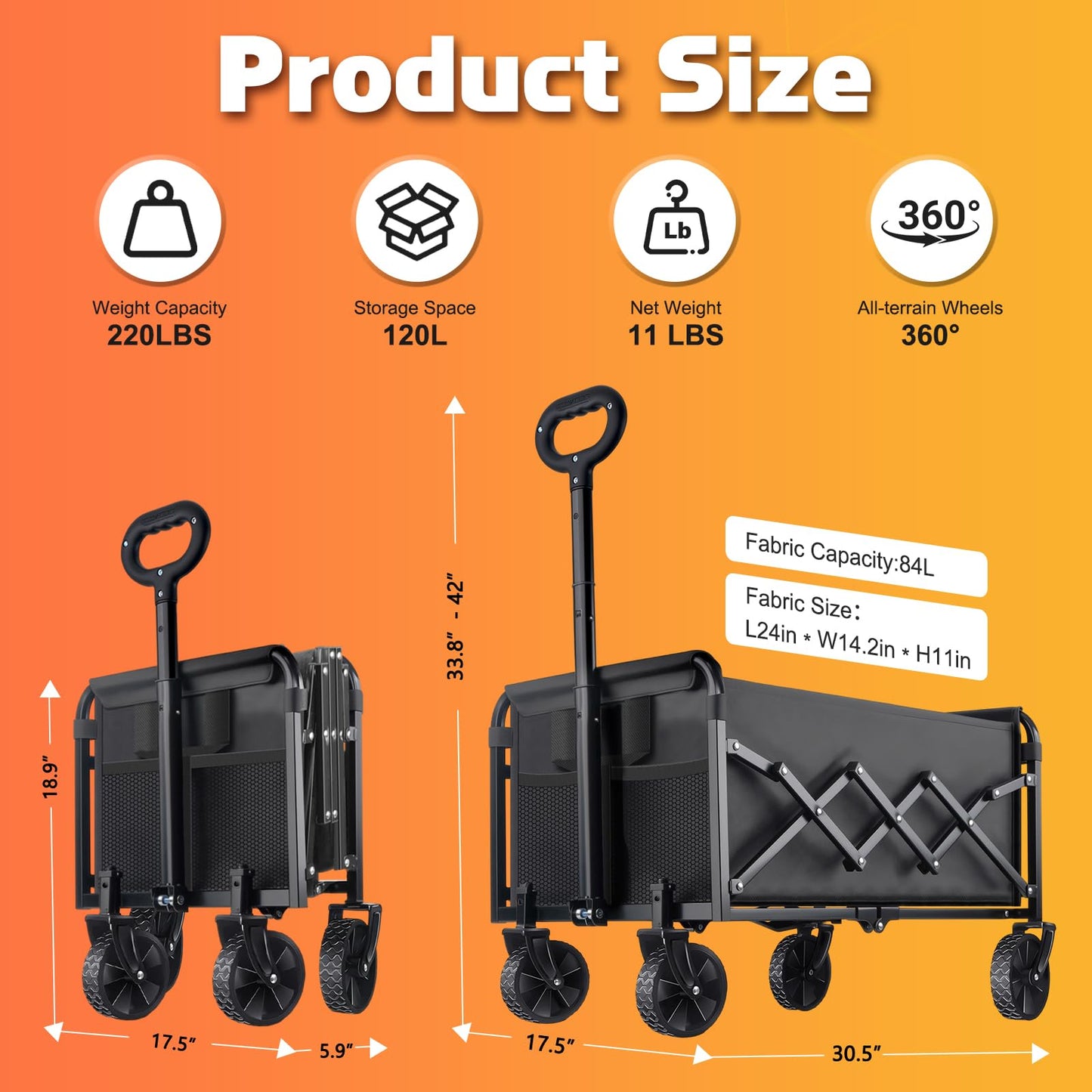 220LBS Collapsible Foldable Wagon Carts - Heavy Duty Portable Folding Utility Wagons with All-Terrain Wheels for Grocery Sports Shopping Camping Garden Beach, 2 Drink Holders/Lightweight/Black