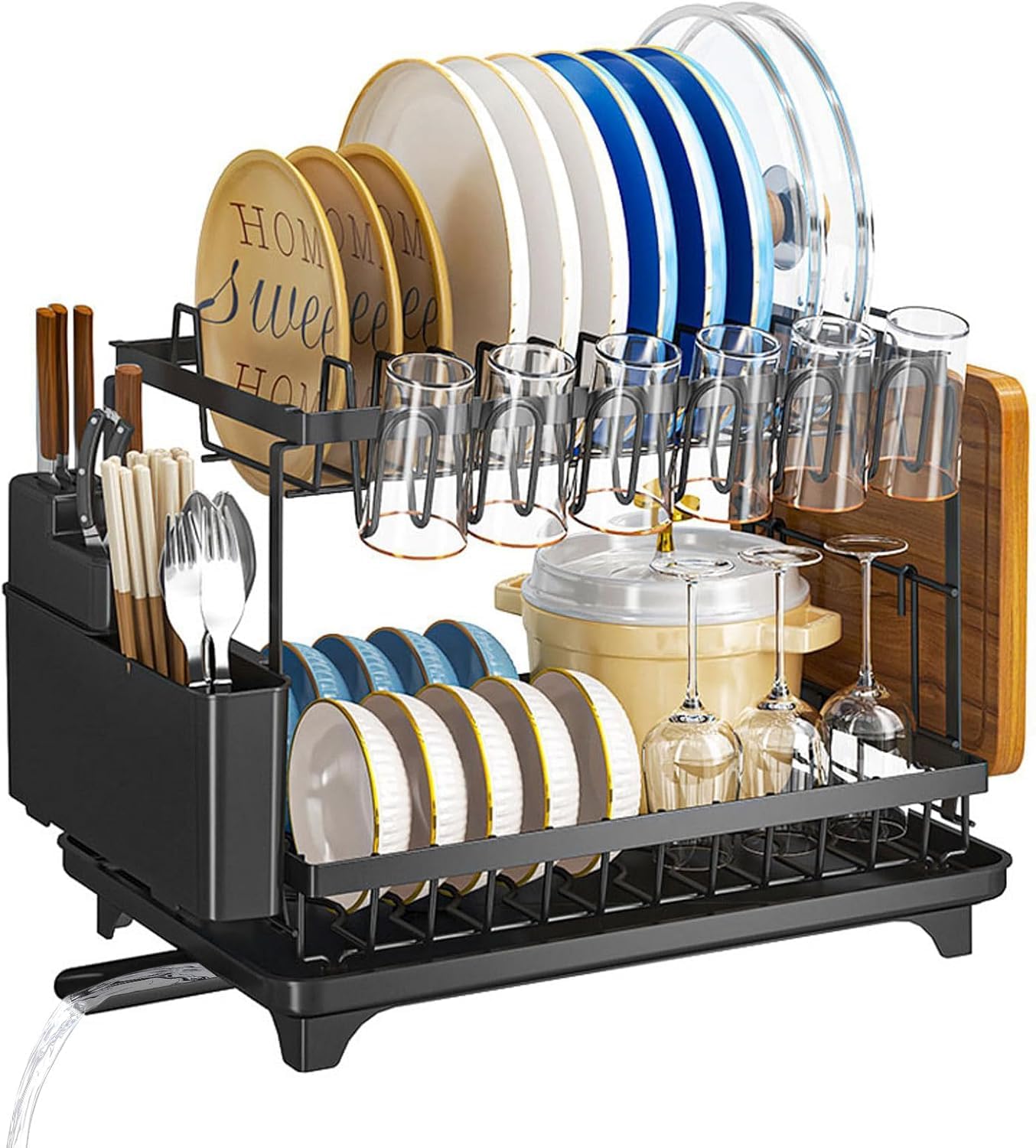 Dish Drying Rack for Kitchen Counter, Stainless Steel Sink Organization and Storage Essentials with Cutlery Holder, Large 2Tier Dish Rack with Drainer Board, Multi-Use Utensil Organizer and Cup Holder