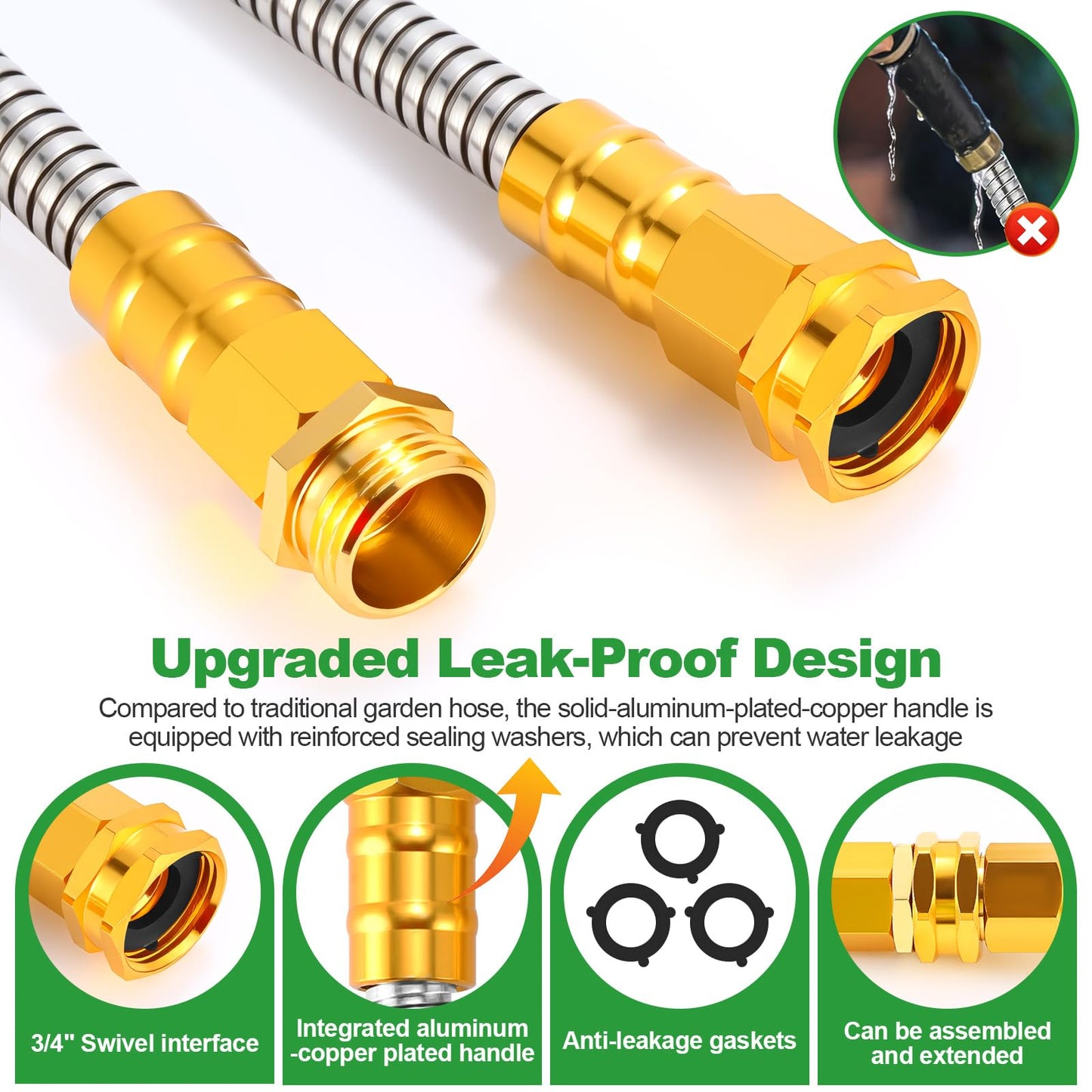 Toolasin Garden Hose 50FT, Flexible Stainless Steel Water Hose with 10-Function Nozzle, No-Kink, Leak-Proof, Anti-Pets, Wear-Resistant, 3/4 GHT, Easy to Use and Store, Ideal for Garden, Yard, Outdoor