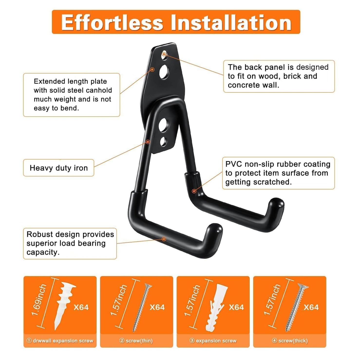 GUDEMAY 32-Pack Garage Hooks Heavy Duty - Utility Steel Tool Hangers for Garage Organization - Wall Mount Storage Organizer with Anti-Slip Coating for Ladders, Bikes and Garden Tools - Black