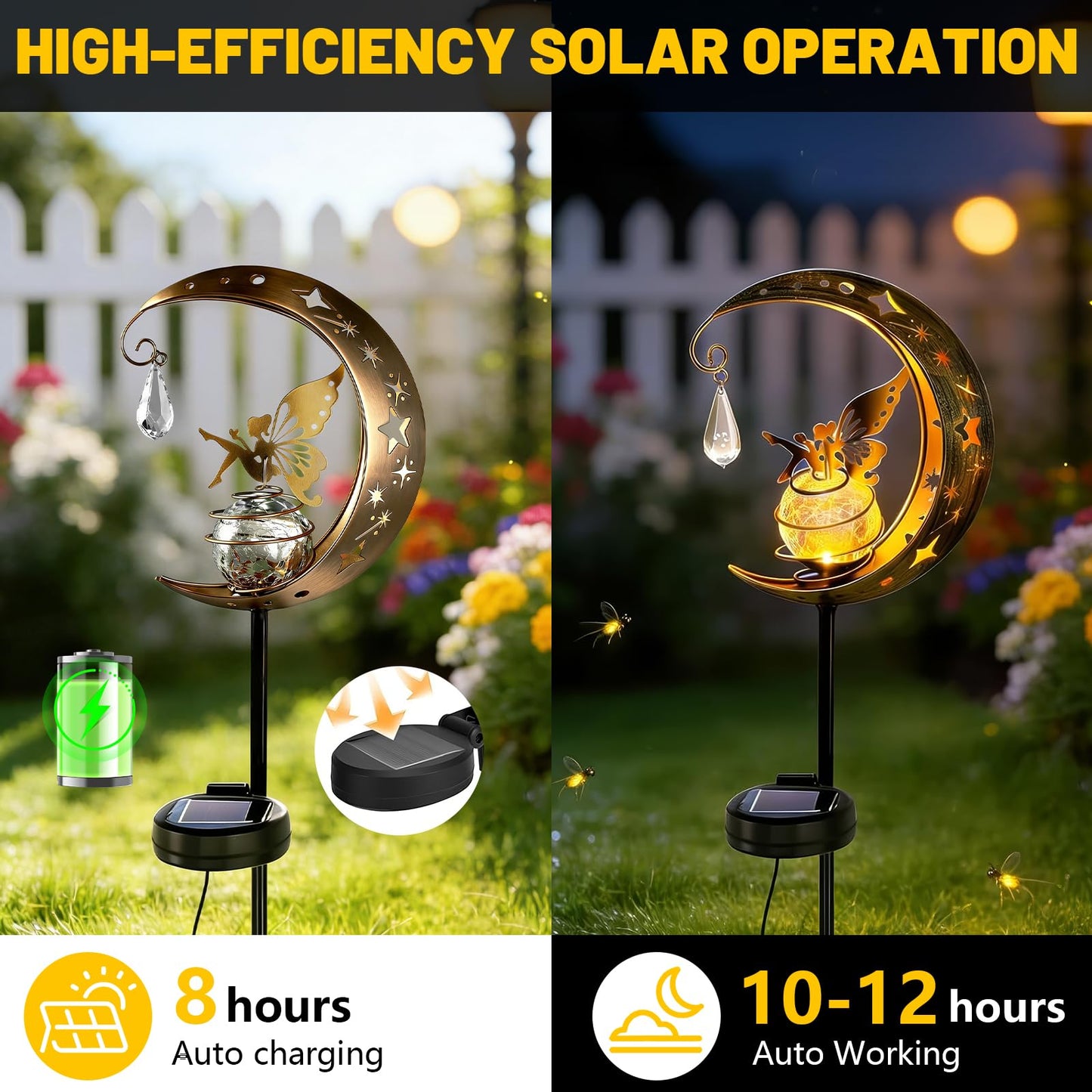 Solar Lights Garden Decorations, 2 Pack Moon Fairy Garden Solar Stake Light Outdoor with Angel Decor, Waterproof Decorative Lights for Garden, Walkway, Yard, Lawn, Patio, Courtyard