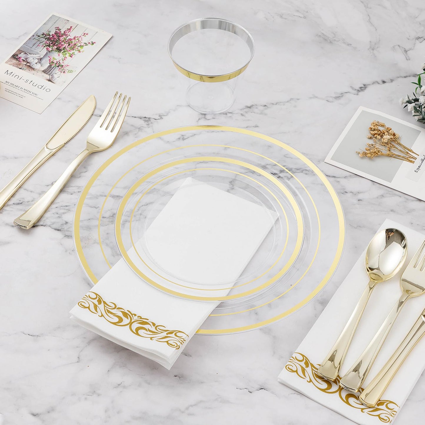BESTVIP 50PCS 7" Clear Gold Plastic Plates, Small Disposable Salad Dessert Plate with Gold Rim, Heavy Duty Disposable Plastic Plates for Party, Wedding and Birthday, Events