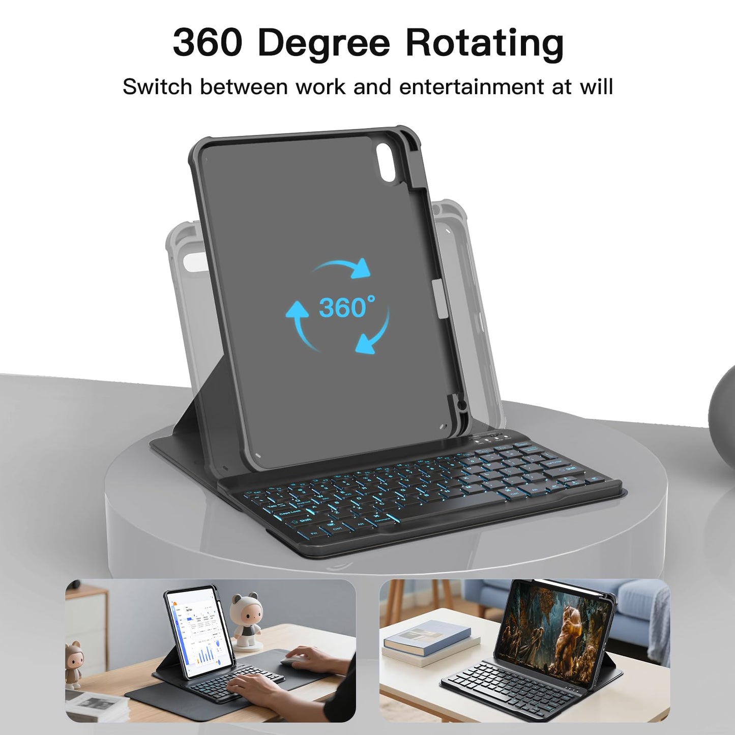 RAYMCRAFT for iPad 11th (A16, 2025)/10th Generation Case with Keyboard, 360° Rotatable Case & Detachable Backlit Keyboard, Precision Cutouts and Pen Holder for iPad A16 11''/10th 10.9'', Black
