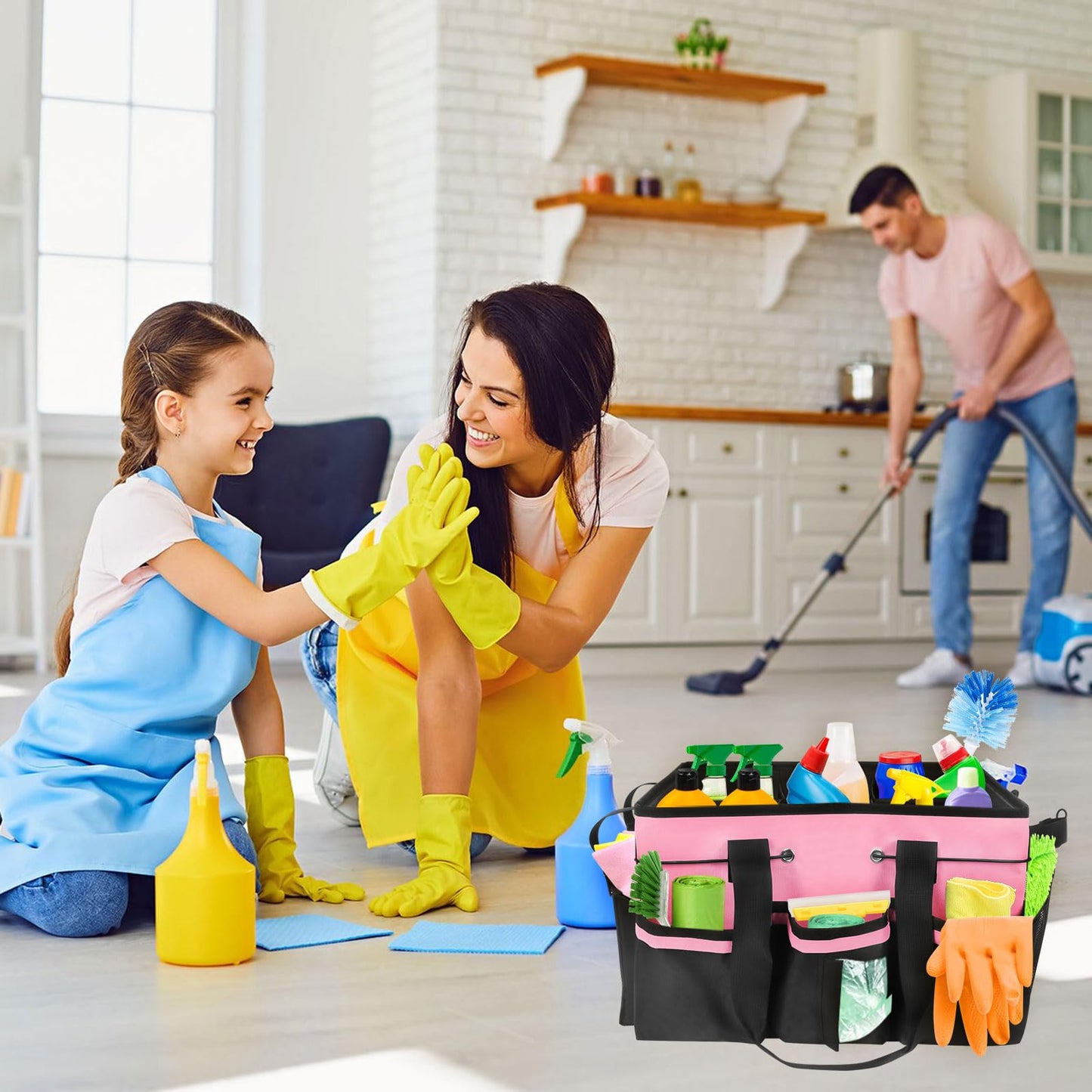 Cleaning Caddy Bag with Handle & Shoulder Straps, Large Cleaning Supplies Organizer Cleaning Tools Bag for Housekeeping and Cleaners Car Storage (Pink)