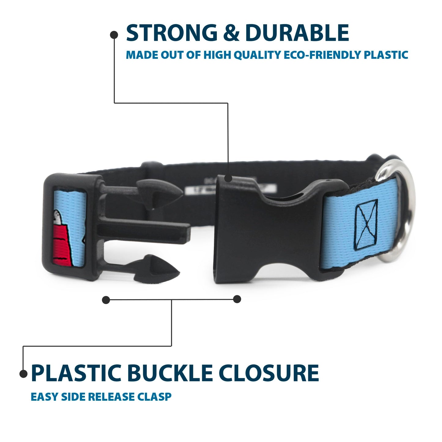 Peanuts Worldwide LLC Pet Collar, Dog Collar Plastic Buckle, Peanuts Snoopy and Woodstock Dog House Pose and Text Sky Blue, 11 to 16.5 Inches 1.0 Inch Wide