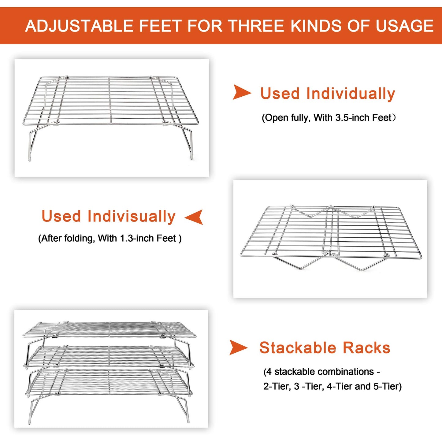Cooling Rack, P&P CHEF 5-Tier Stainless Steel Stackable Baking Cooking Racks for Cooling Roasting Grilling, Collapsible & Heavy Duty, Oven & Dishwasher Safe - 15’’x10’’