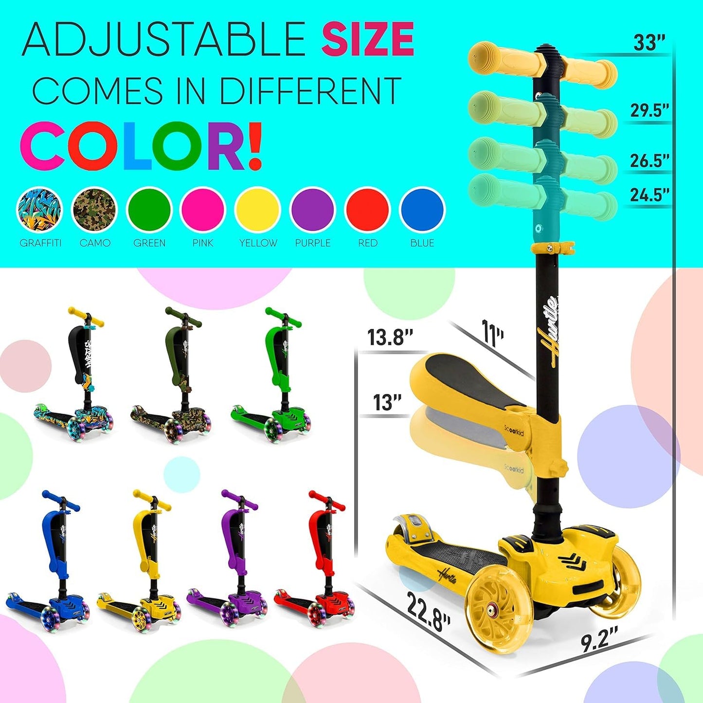 Hurtle 3-Wheeled Kids Scooter - Wheel LED Lights, Adjustable Lean-to-Steer Handlebar, and Foldable Seat - Sit or Stand Ride with Brake for Boys and Girls Ages 1-14 Years Old, Yellow