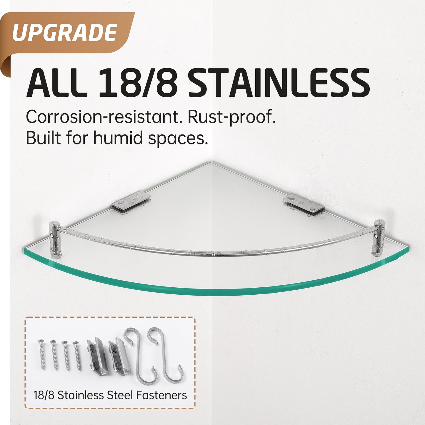KES Bathroom Glass Shelf 7mm Tempered Glass Corner Shelves with Rustproof Rail SUS304 Stainless Steel Brushed Wall Mounted 2 Pack, BGS2101A-2-P2