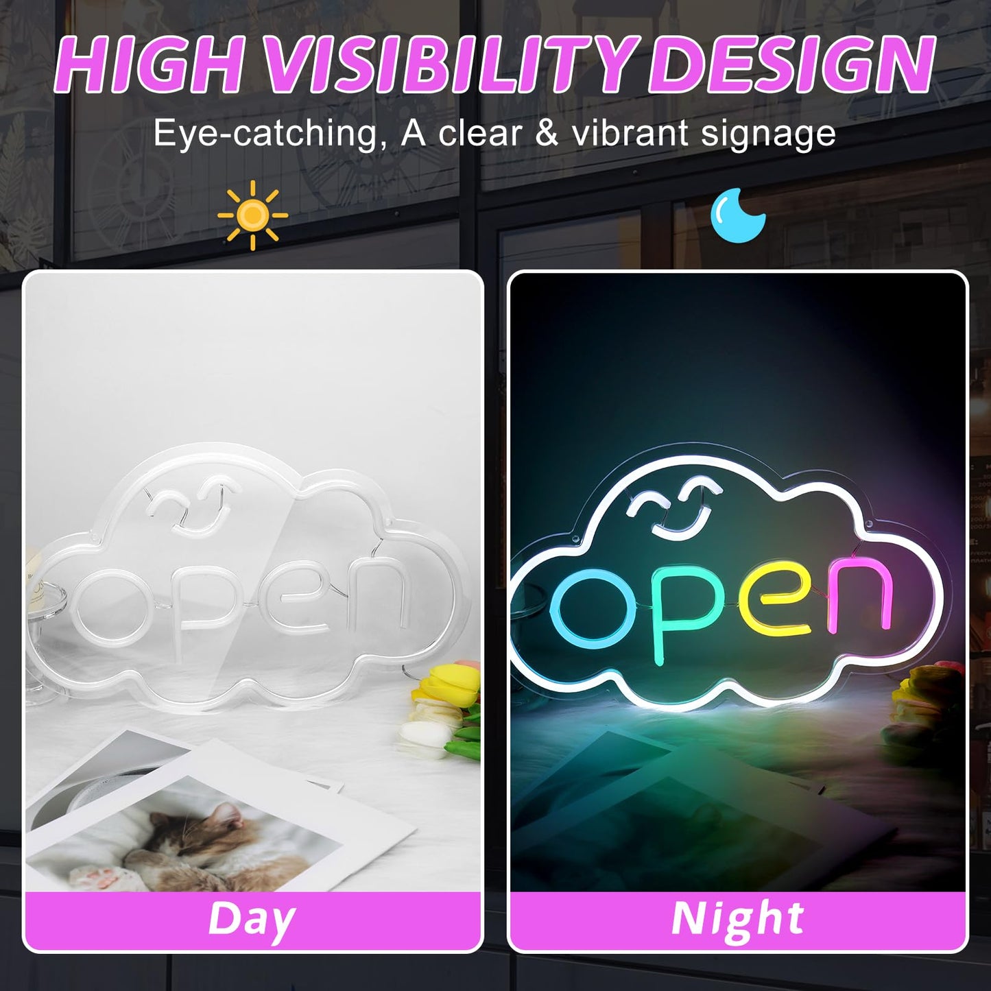 Super Bright Open Sign, 16.5"x 10.2" LED Open Signs for Business Window, Electric Light up Sign with 12V Adapter & ON/OFF Switch, Open Sign LED for Stores Restaurants Offices Bar Coffee Shops