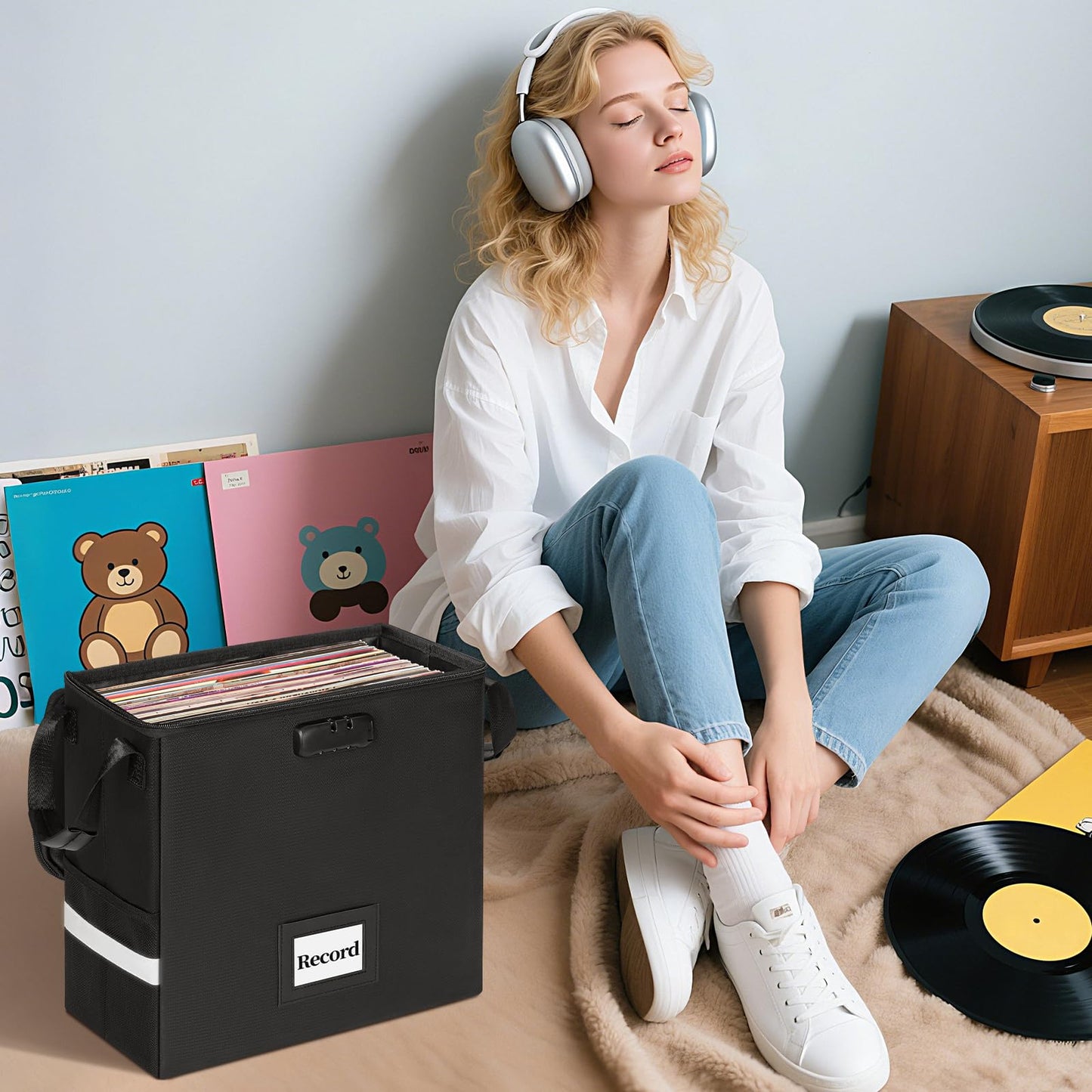 IBVIVIC Vinyl Record Storage Box with Lock,Holds up 35+ Records， Fireproof＆Water Resistant LP Record Organizer Crate with Lid for Valuable Album Collection(34 x 17 x 34CM)
