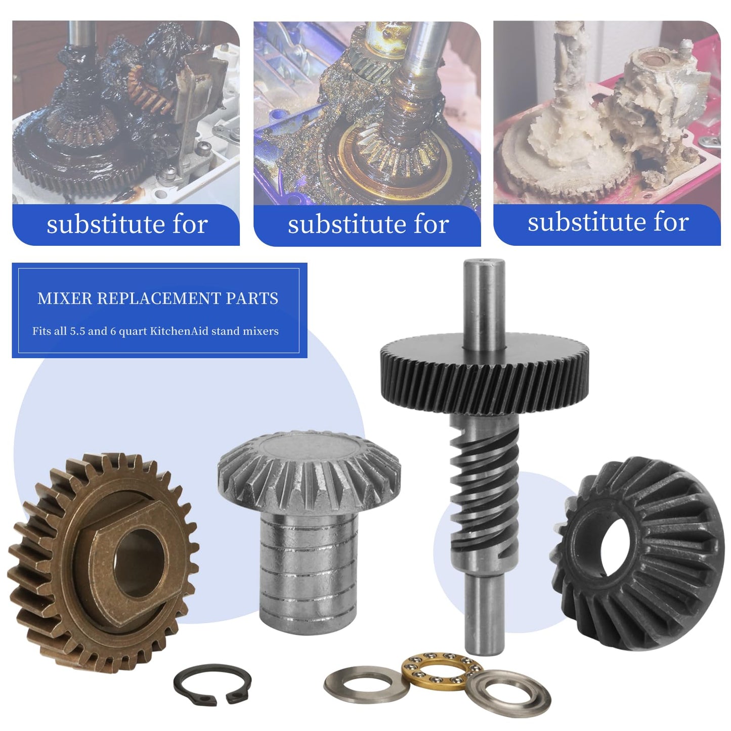 Mixer Worm Gear Kit Compatible with Kitchenaid Whirlpool 5qt 6qt Mixer Gear Parts Replacement,9706529 9709511 9703337 9709231 Worm Follower Gear Kit