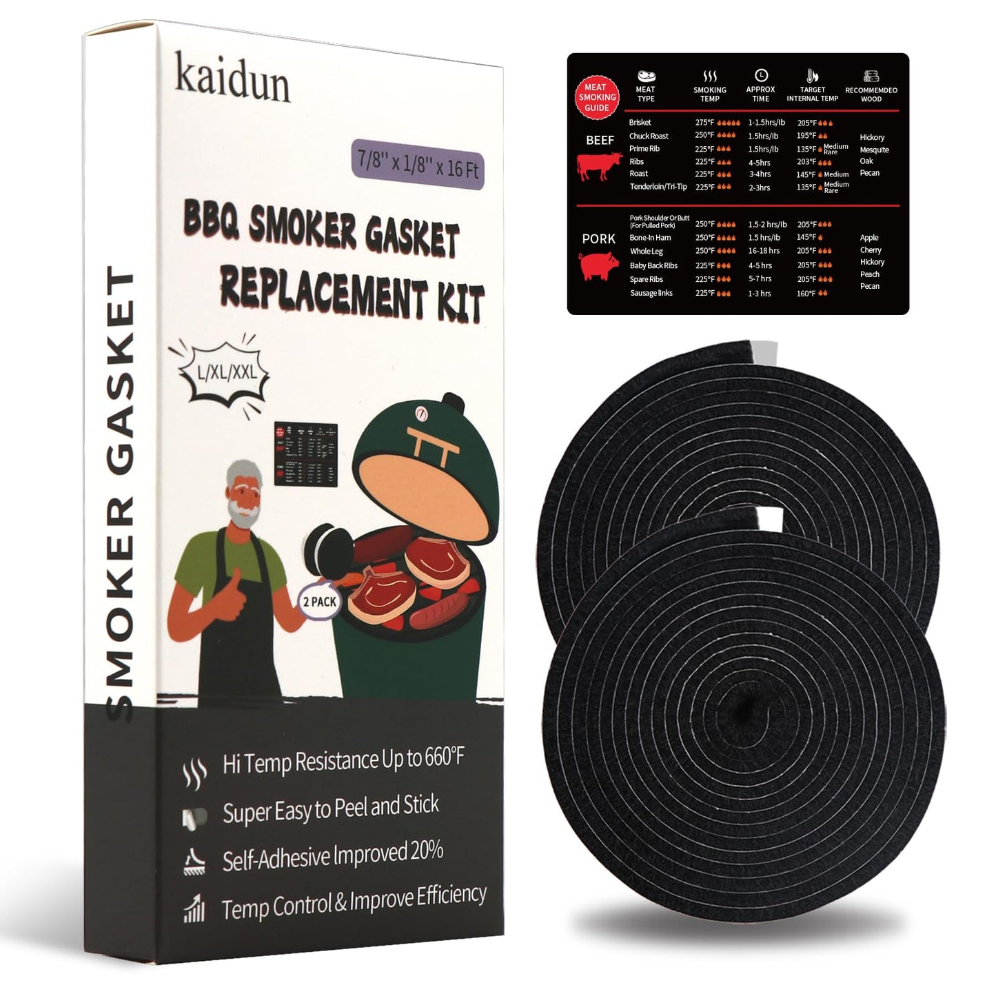 kaidun Gasket Replacement for Big Green Egg Large/XL/XXL, Included Small Meat Smoking Guide, High Temp BBQ Smoker Gasket, 16 Ft, 7/8" x 1/8"