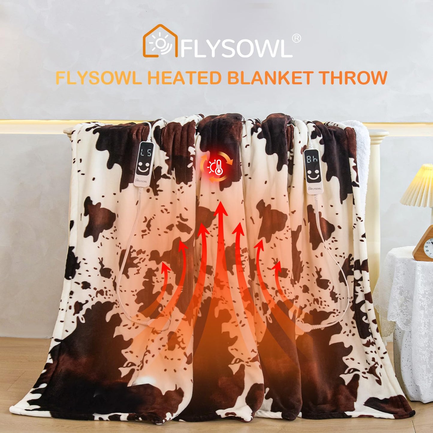 Electric Heated Blanket Heating Blanket Cow Print Throw 50INx60IN Winter Warm Blanket Gift 5 Heat Levels & 12 Hours Auto-Off, Cozy Soft Fleece Sherpa, Machine Washable，ETL Certificated