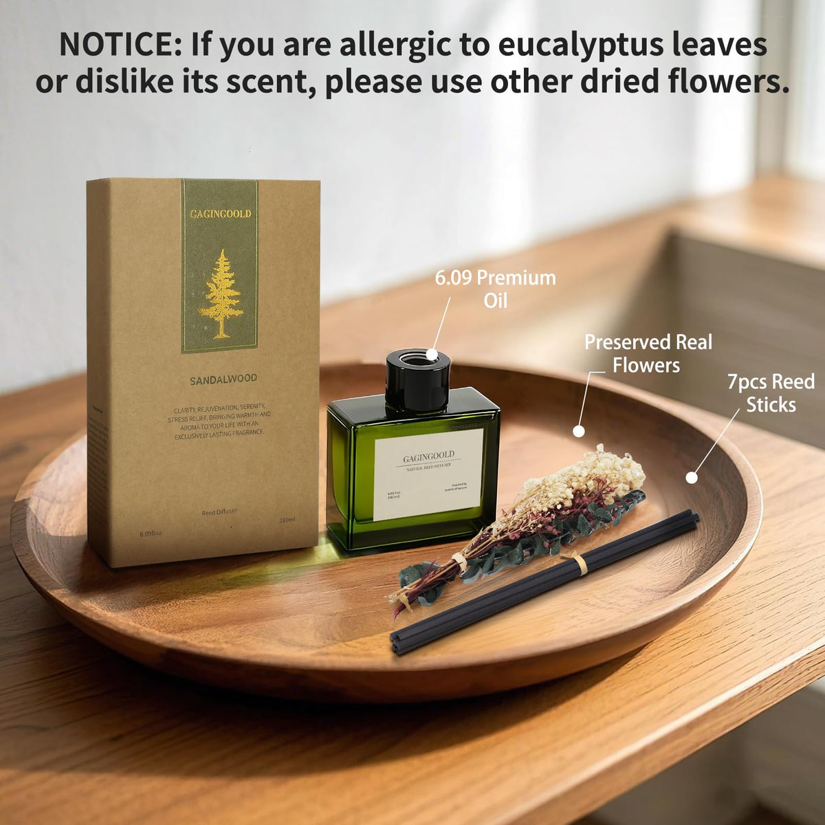 GAGINGOOLD Sandalwood Reed Diffuser, 180 ML Aromatherapy Diffuser with Dried Flowers, Premium Scented Fragrance for Home Decor Gift with 10 Natural Sticks, Long-Lasting Fragrance Up to 120 Days
