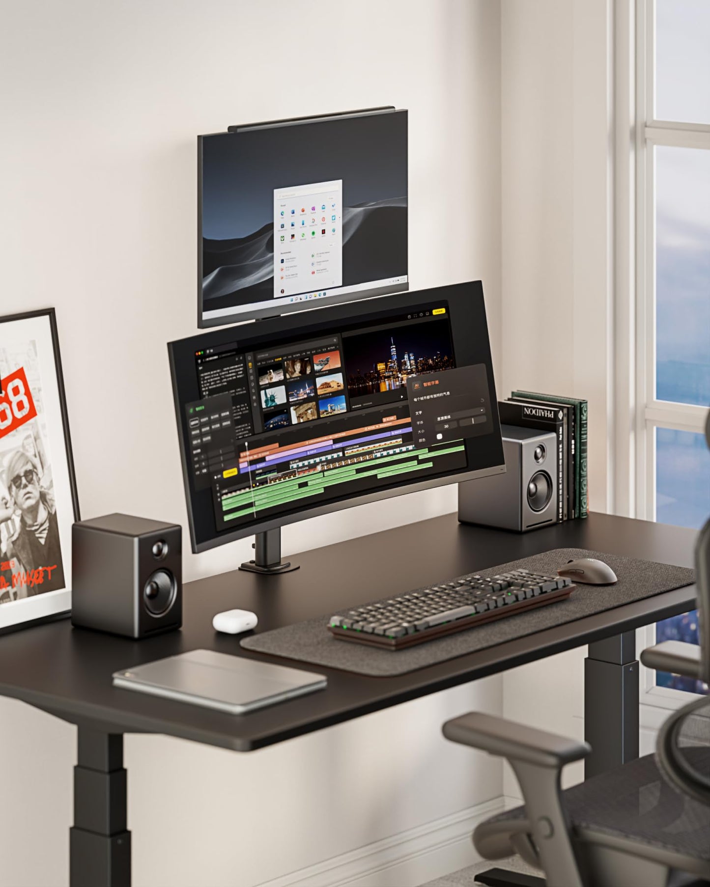Vertical Dual Monitor Mount for 17–34 Inch Screens, Stacked Monitor Stand, Holds up to 33 lbs per Arm, 33.1" Extra Tall Pole, Full Motion Height Adjustable Mount, 75/100 VESA, Clamp & Grommet